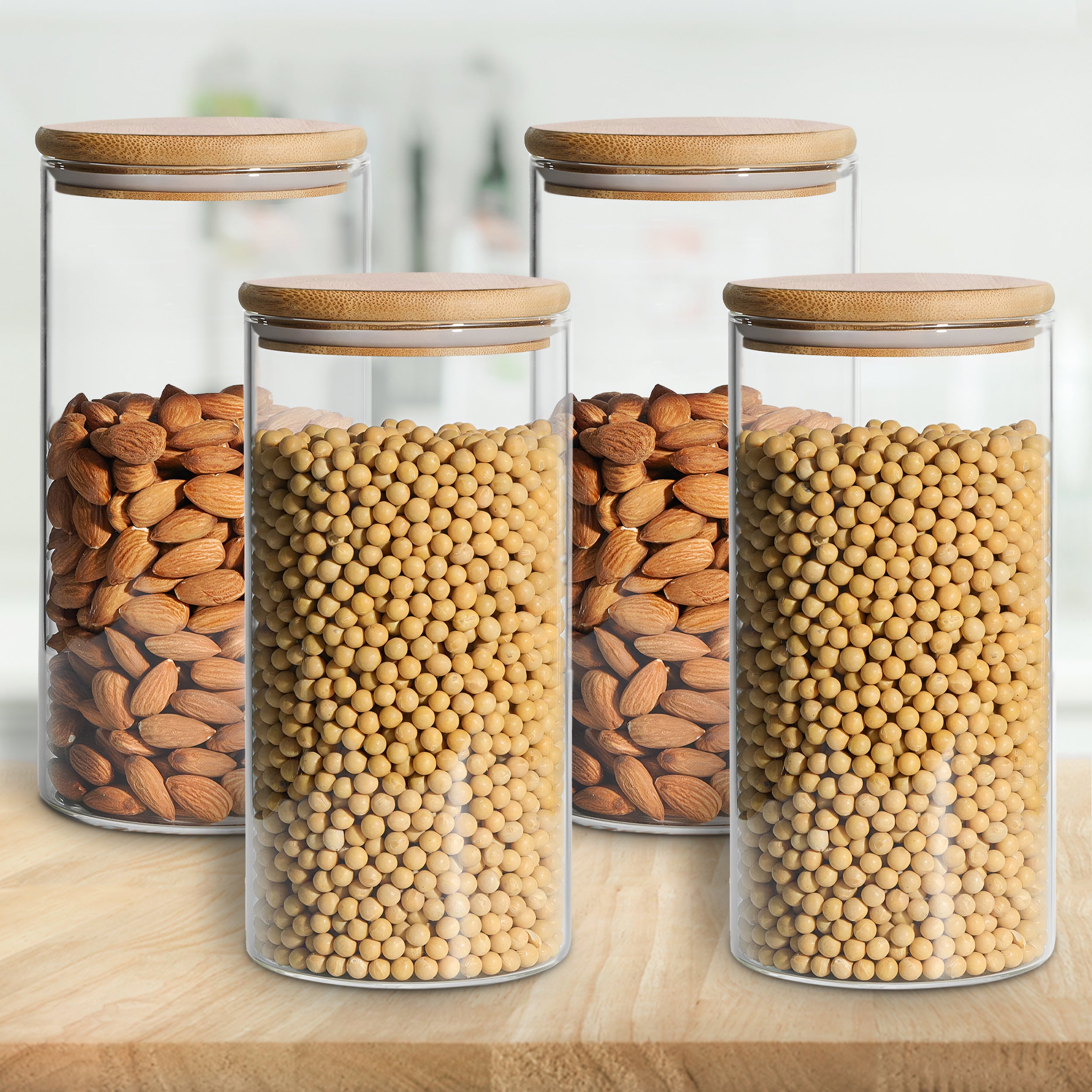 Allo 1000ML Kitchen Storage Box Glass Jars With Wooden Lids - Borosilicate Glass Food Storage Containers Airtight Glass Jar for Tea, Coffee, Spice, Pulses, Masala (Round Glass Jar - Set of 4)