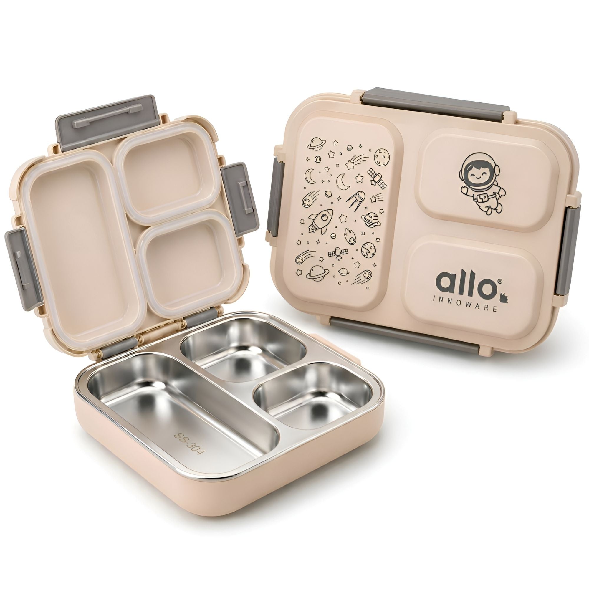 Allo Bento Stainless Steel Lunch Box for Kids- BIS Approved, 304 Stainless Steel 3 Compartment Leakproof Tiffin Box for Boys and Girls for School, Travelling, Baby Snacks, 740ml Beige Space