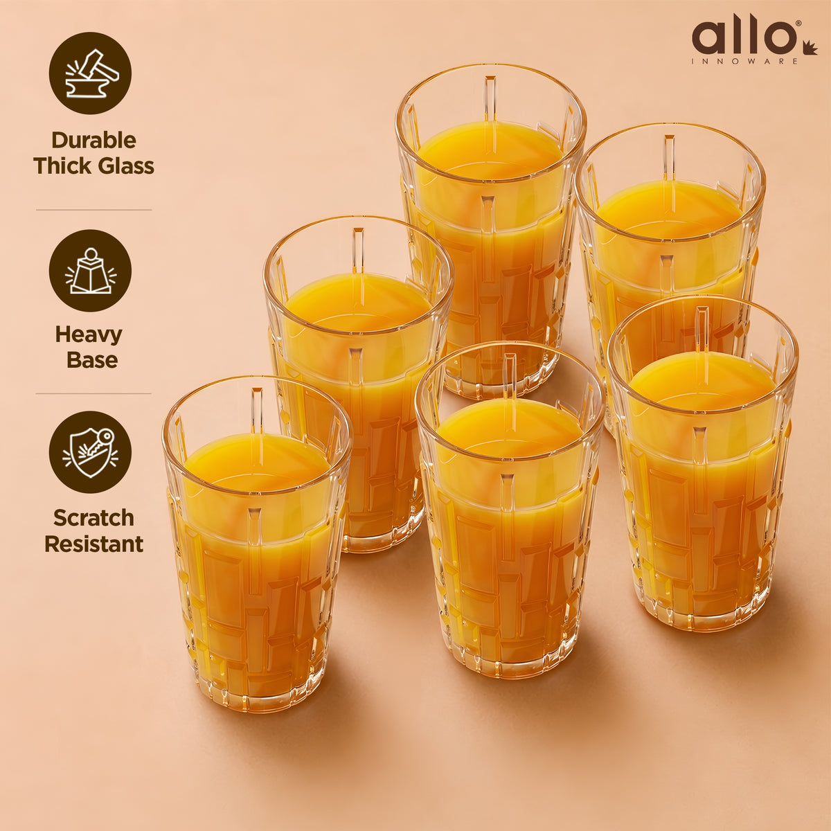 Allo Premium Glass Set Of 6, 280 ml, Latest Design Glasses For Water, Juice, Whisky, Cold Drink | Lead Free | Perfect For Home & Parties, Gift Set Packaging | Transparent Textured Block Glass