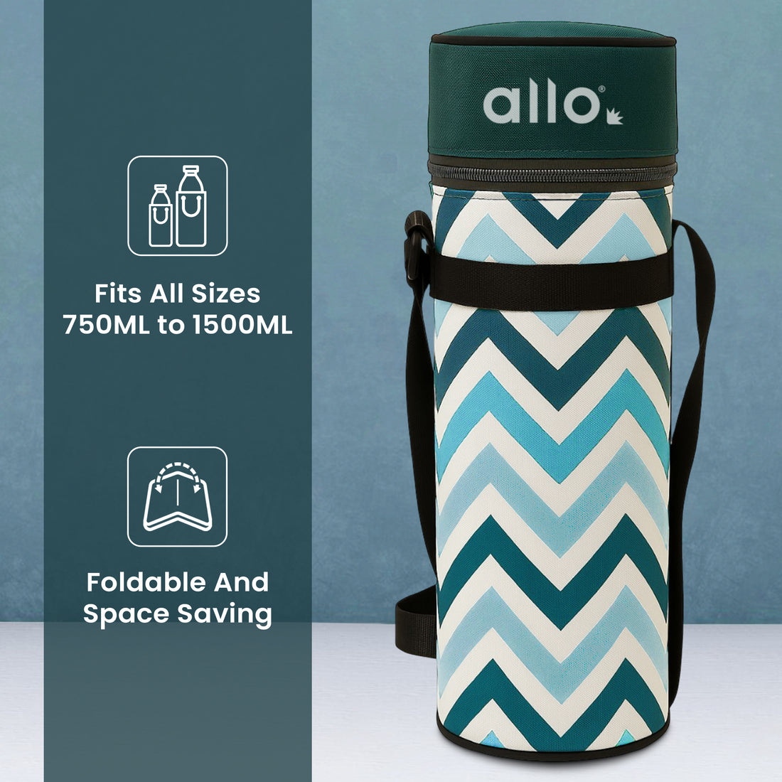 Allo Polyester Thermal Insulated 1L Bottle Cover – Water-Proof Modern Carrier Sleeve with Adjustable Shoulder Handle & Zipper Closure for Travel, Hiking, Office & School, Teal Chevron
