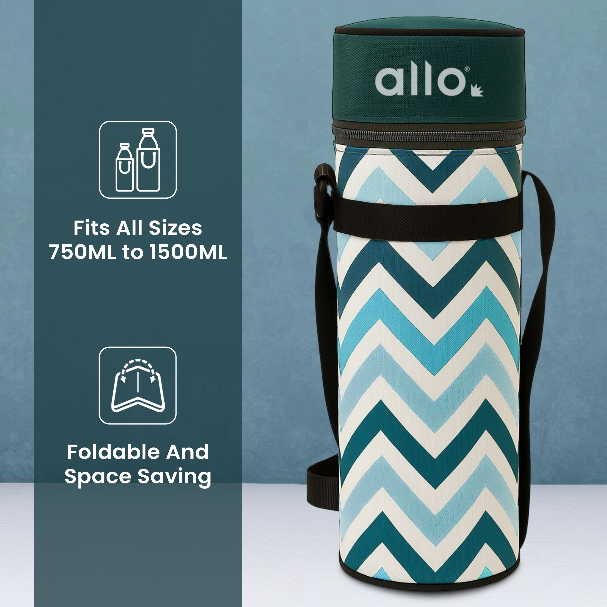 Allo Polyester Thermal Insulated 1L Bottle Cover – Water-Proof Modern Carrier Sleeve with Adjustable Shoulder Handle & Zipper Closure for Travel, Hiking, Office & School, Teal Chevron