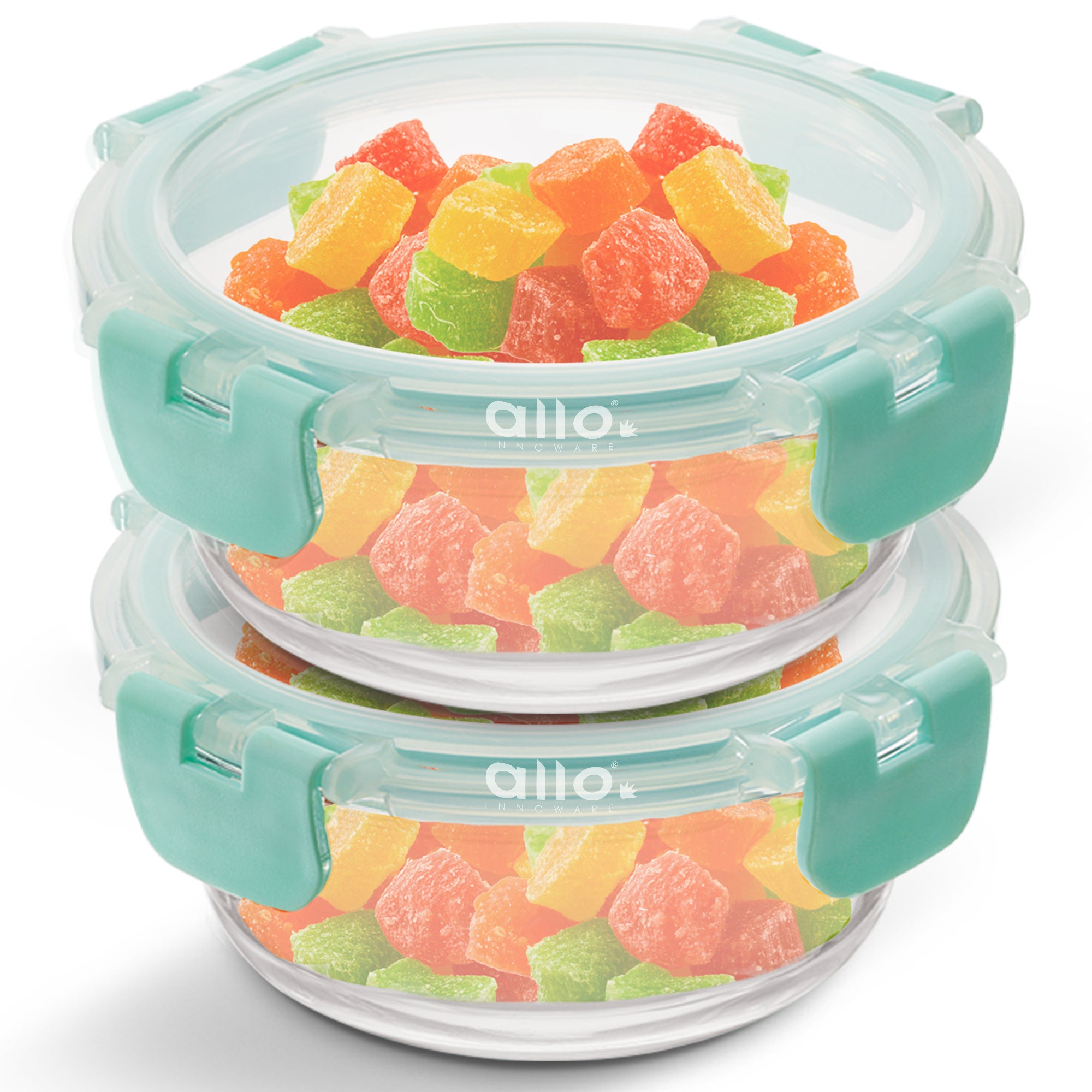 Allo Food Safe Glass Containers with Lids with Break Free Lock, Oven Microwave Safe Containers, High Borosilicate Meal Prep Glass Food Storage Containers for Kitchen, Set of 2, 215ml, Round