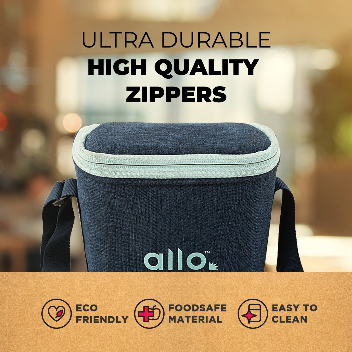 Allo Food Safe Glass Lunch Box with Break Free Detachable Lock, 450°C Microwave Safe Lunch Box, Borosilicate Glass Tiffin for office with Denim Blue Tiffin Bag, Set of 3, 160ml x 1, 310ml x 2, Square.