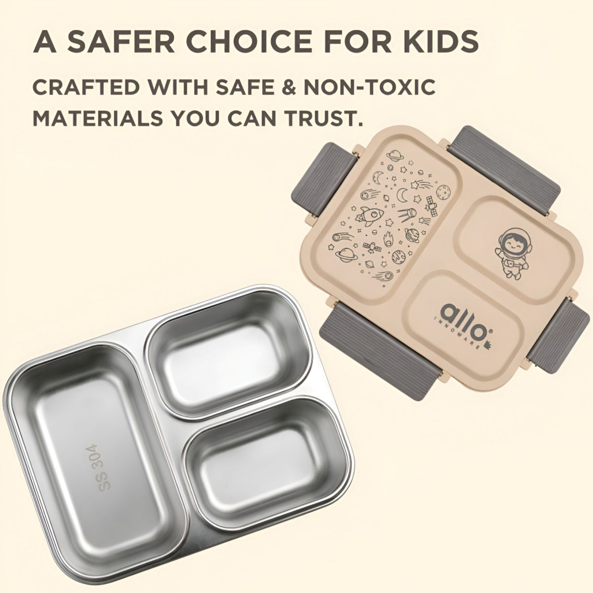Allo Bento Stainless Steel Lunch Box for Kids- BIS Approved, 304 Stainless Steel 3 Compartment Leakproof Tiffin Box for Boys and Girls for School, Travelling, Baby Snacks, 740ml Beige Space