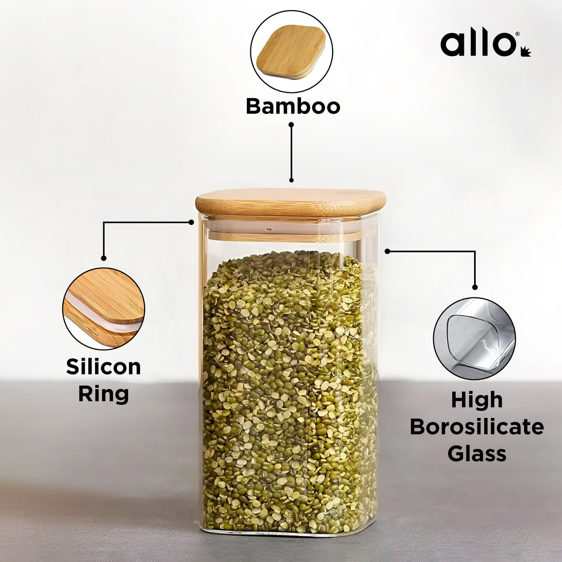 Allo 600ML Kitchen Storage Box Glass Jars With Wooden Lids - Borosilicate Glass Food Storage Containers Airtight Glass Jar For Tea, Coffee, Spice, Pulses, Masala (Square Glass Jar - Set of 1)