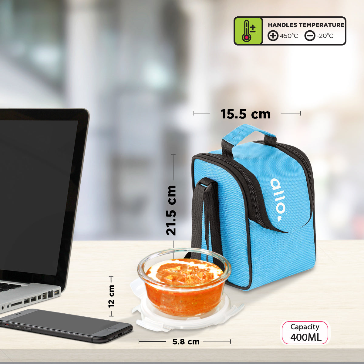 Allo Food Safe Glass Lunch Box, 450°C Microwave Safe Lunch Box, Borosilicate Glass Tiffin for office with Sky Blue Tiffin Bag, Set of 3, 400ml x 3, Round