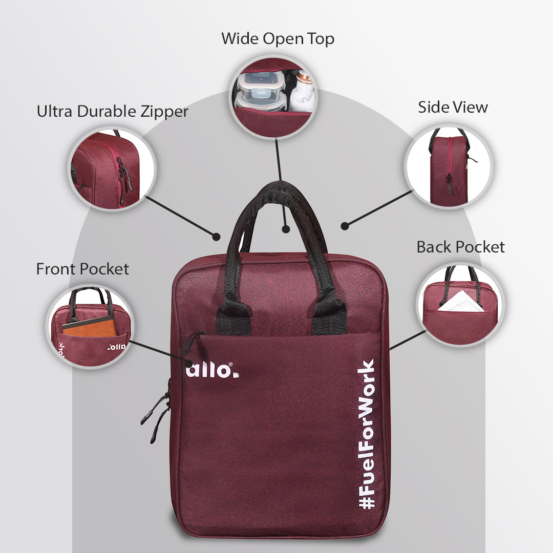 Allo Lunch Bag for Office, School & College, Washable Unisex Tiffin Bag for Men, Women & Kids, Lightweight, Leakproof, Water and Dust Resistant Multipurpose Lunch Bag, Wine Red(FFW)