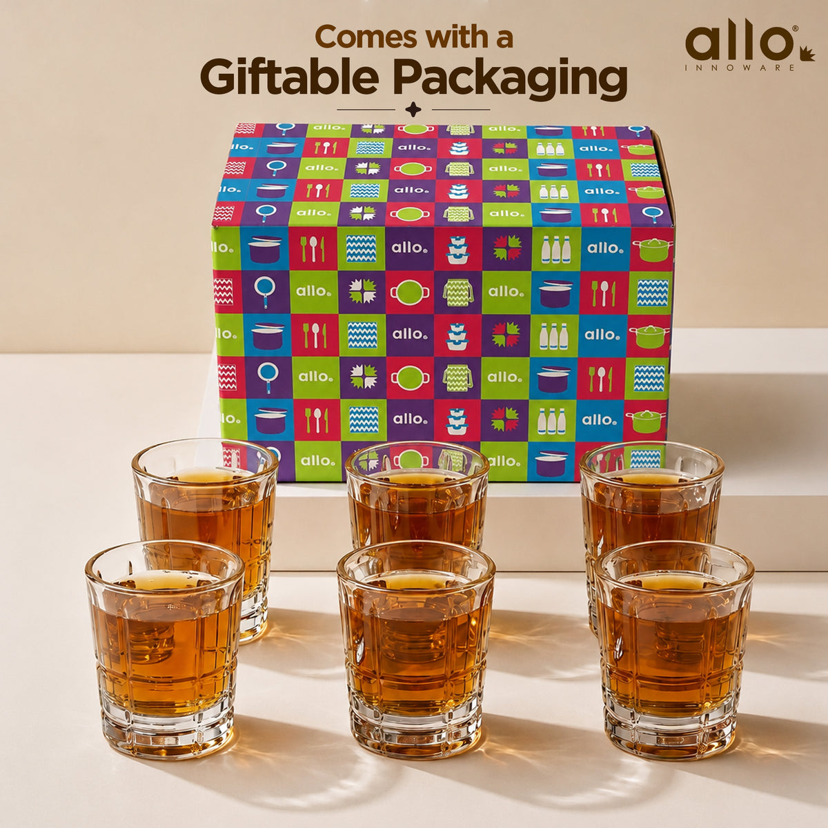 Allo Shot Glasses Set Of 6, 60 ml, Small Glass For Vodka, Tequila, Liquor, Wine, Party, Bar | Gift Set Packaging | Transparent | Square Grid Shot Glass