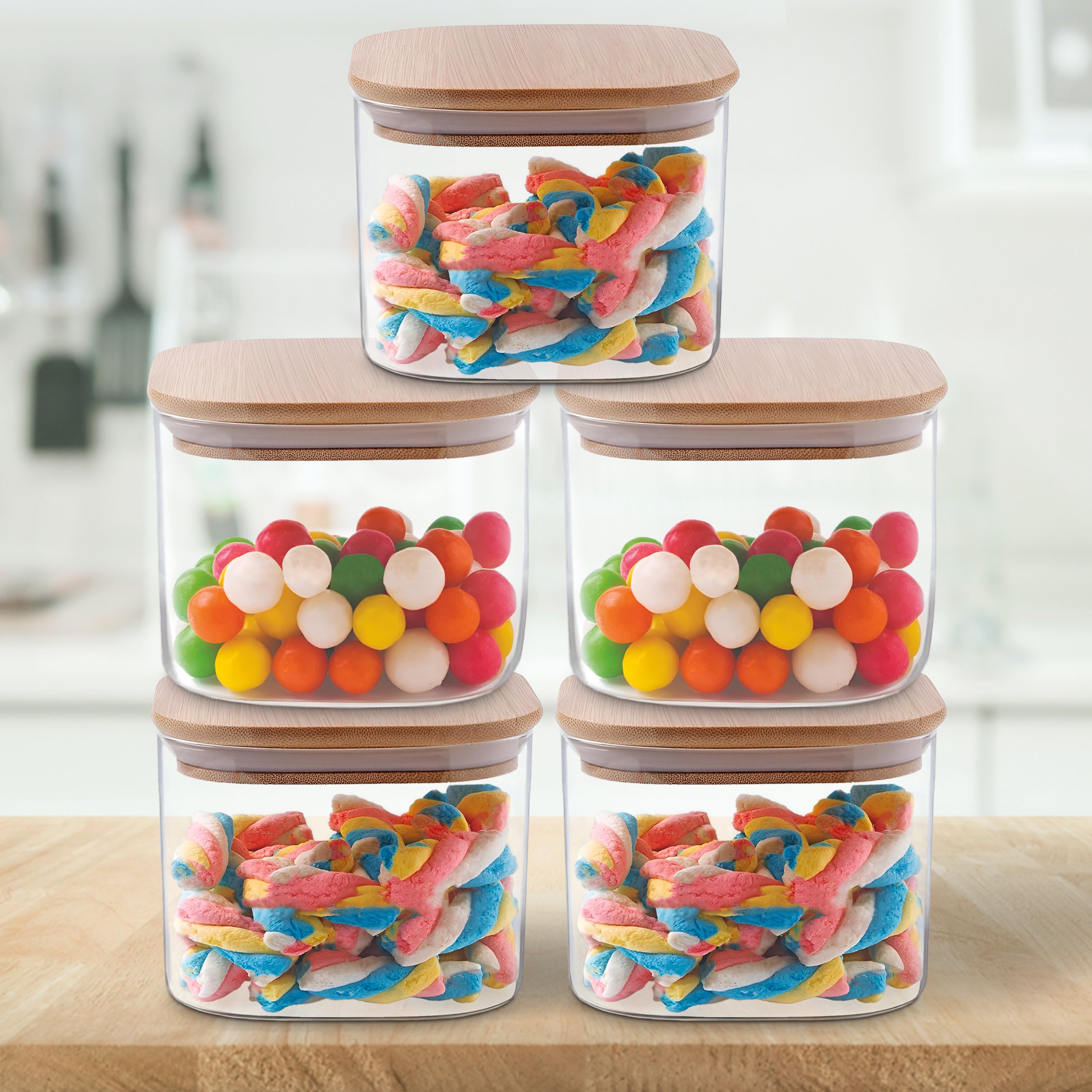 Allo 300ML Kitchen Storage Box Glass Jars With Wooden Lids - Borosilicate Glass Food Storage Containers Airtight Glass Jar For Tea, Coffee, Spice, Pulses, Masala (Square Glass Jar - Set of 5)