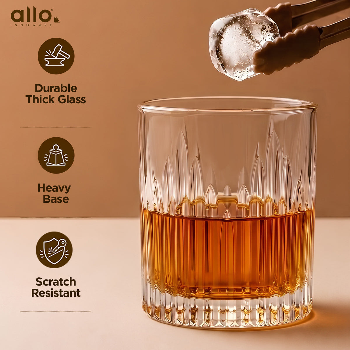 Allo Glass Set Of 6 Premium Whisky Glasses, 310 ml, For Drinking Water, Wine, Cocktail, Mocktail, Martini, Liquor, Alcohol, Scotch, Bourbon | Gift Set Packaging | Transparent Fluted Cut Whiskey Glass