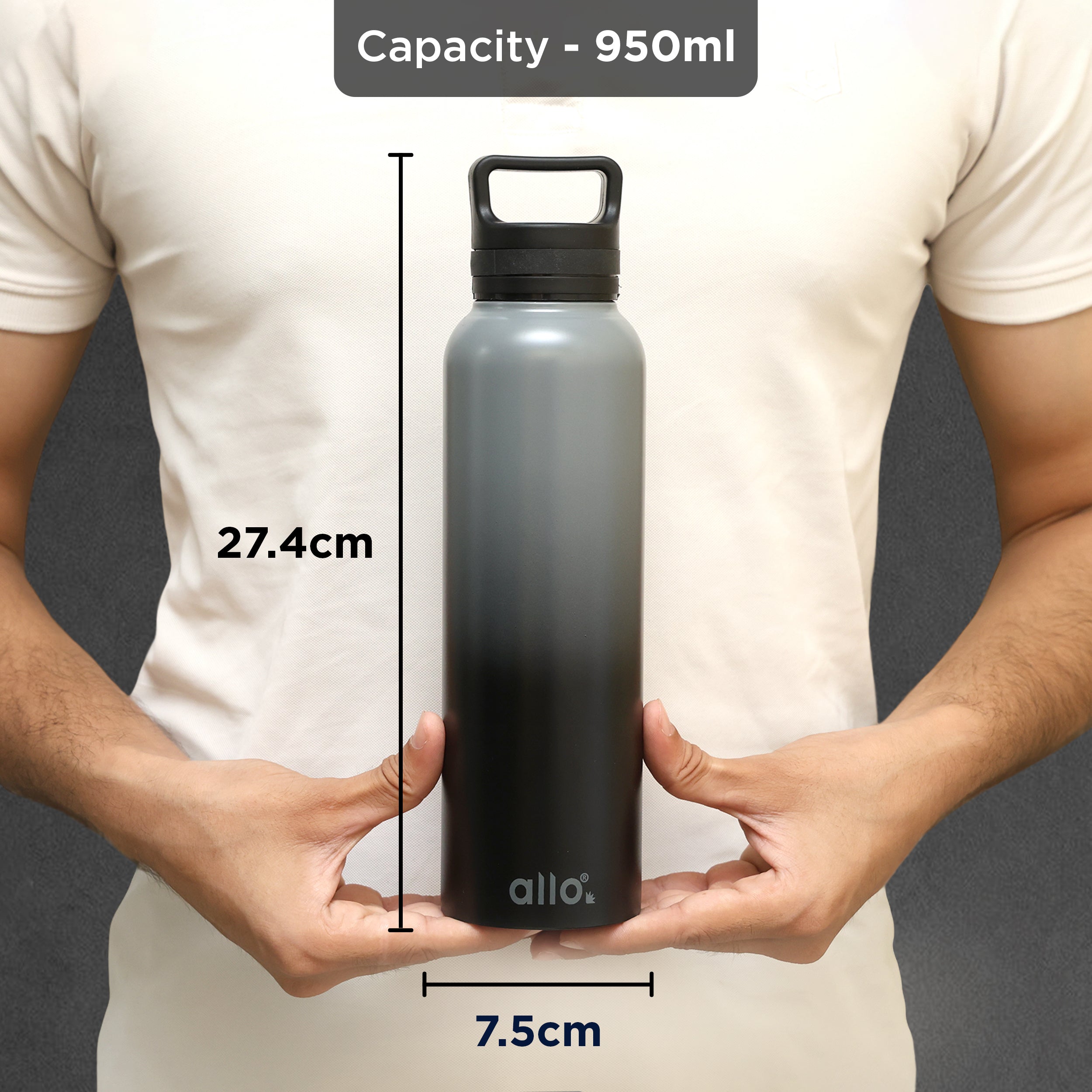 Allo Stainless Steel Water Bottle For Adults,Kids 1 Litre Water Bottles For School,Office,Sports,Gym 1L Water Bottle For Men & Women,Pack Of 2,Leak Proof,Bpa Free,Pink Baby Blue & dark grey Handle Cap