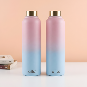 Allo Stainless Steel Water Bottle For Adults, Kids 1 Litre Water Bottles For School, Office, Sports, Gym 1L Water Bottle For Men And Women, Pack Of 2 | Leak Proof, Bpa Free, Pink & Baby Blue Steel Cap