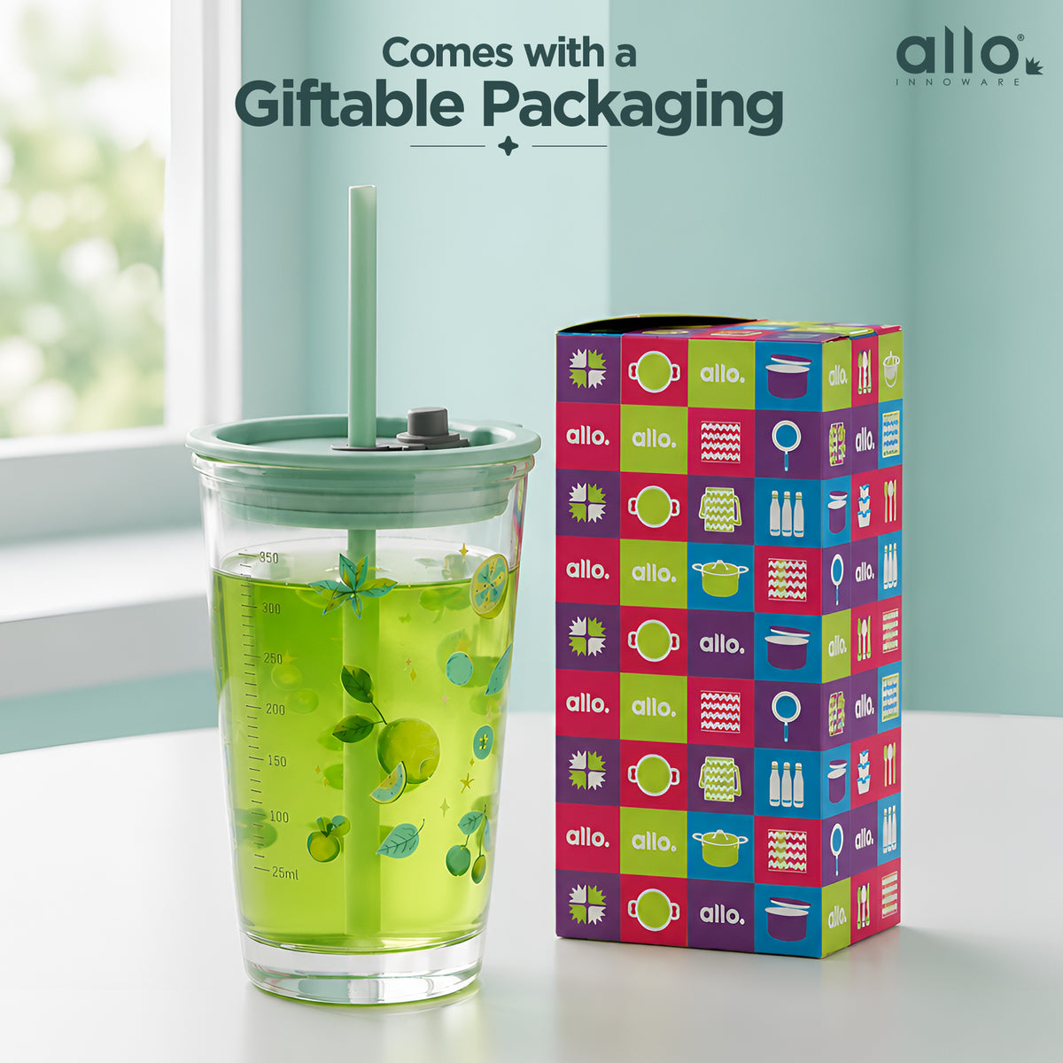 Allo Reusable Glass Mug Sipper Tumbler with Straw, Unique 2 in 1 ANTI Spill Lid | Microwave Safe Leakproof Glass with Anti-Slip Grip for Hot & Cold Coffee| Car, Office, Travel use | 450ml (Green Pear)