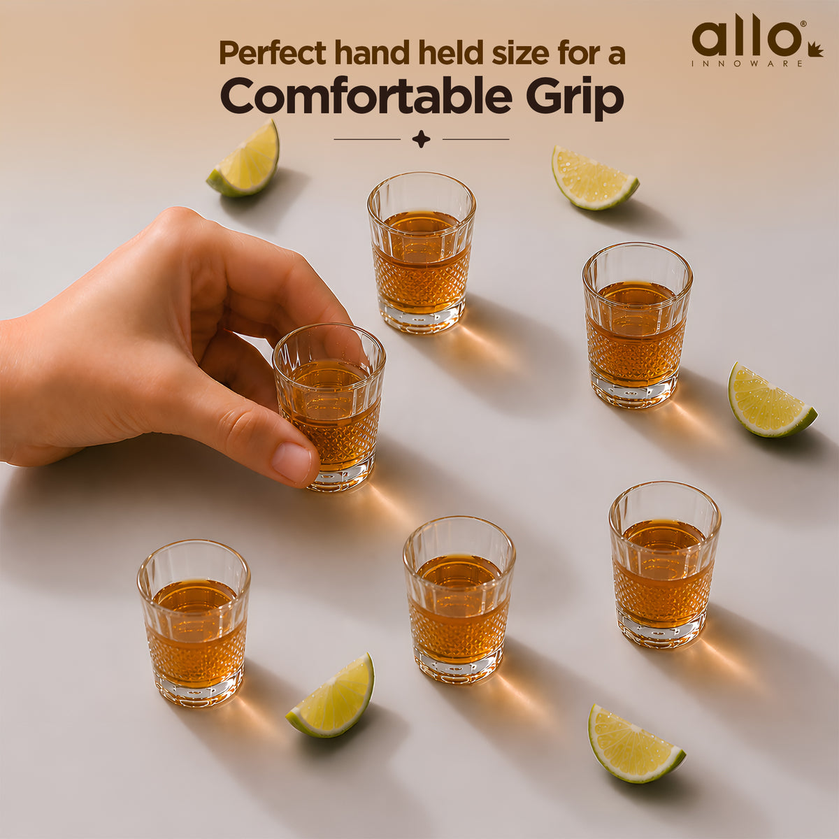 Allo Shot Glasses Set Of 6, 60 ml, Small Glass For Vodka, Tequila, Liquor, Wine, Party, Bar | Gift Set Packaging | Transparent | Diamond Mesh Shot Glass
