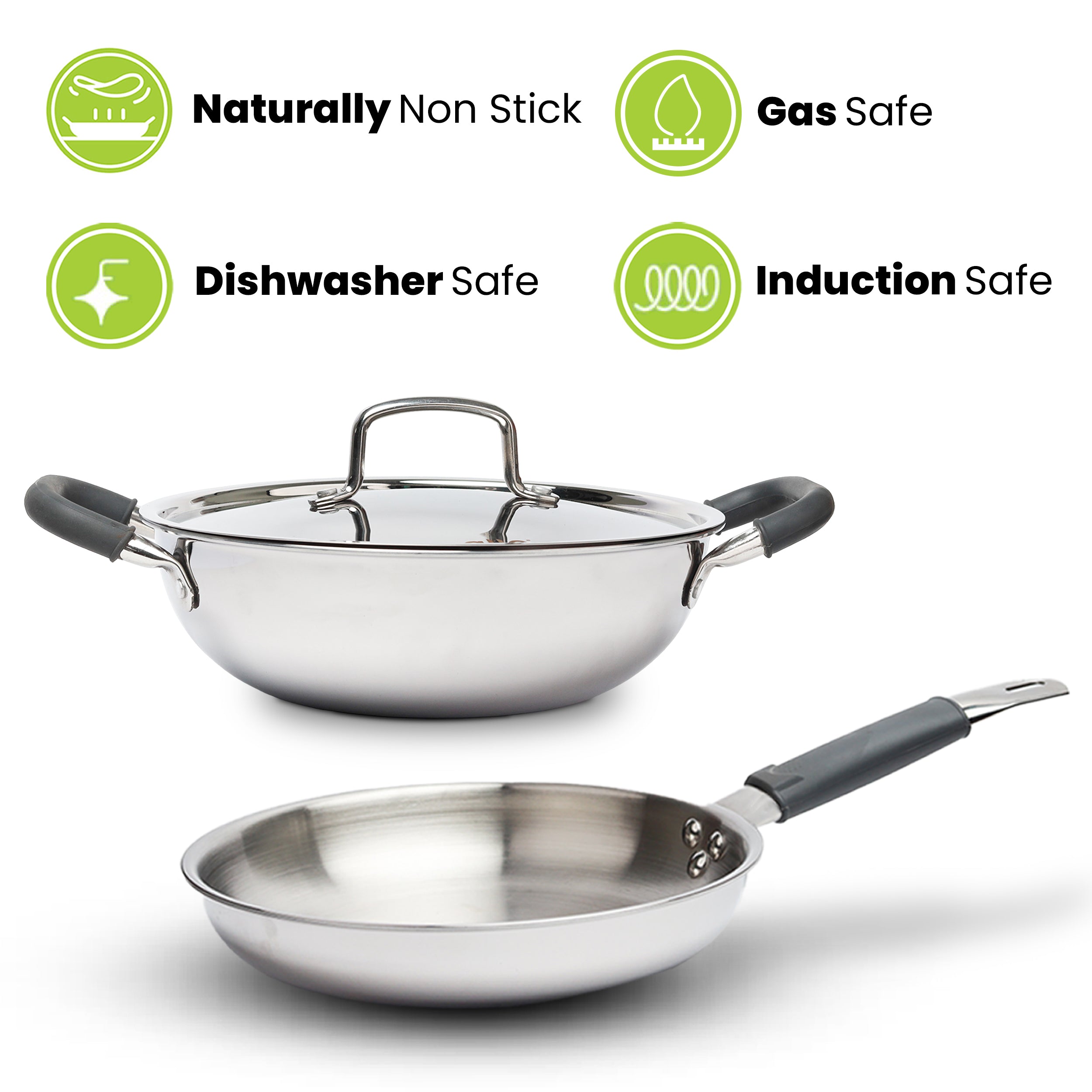 Allo Stainless Steel Triply Cookware Set | Kadai with Lid (22 Cm/3 L)+ Fry Pan (22 Cm/1.5L) | Perfect Cooking Combo for Curry/Stir-Fry/Deep-Fry/DryVeg/SautA Induction Friendly Set of 3Pcs | Nonstick