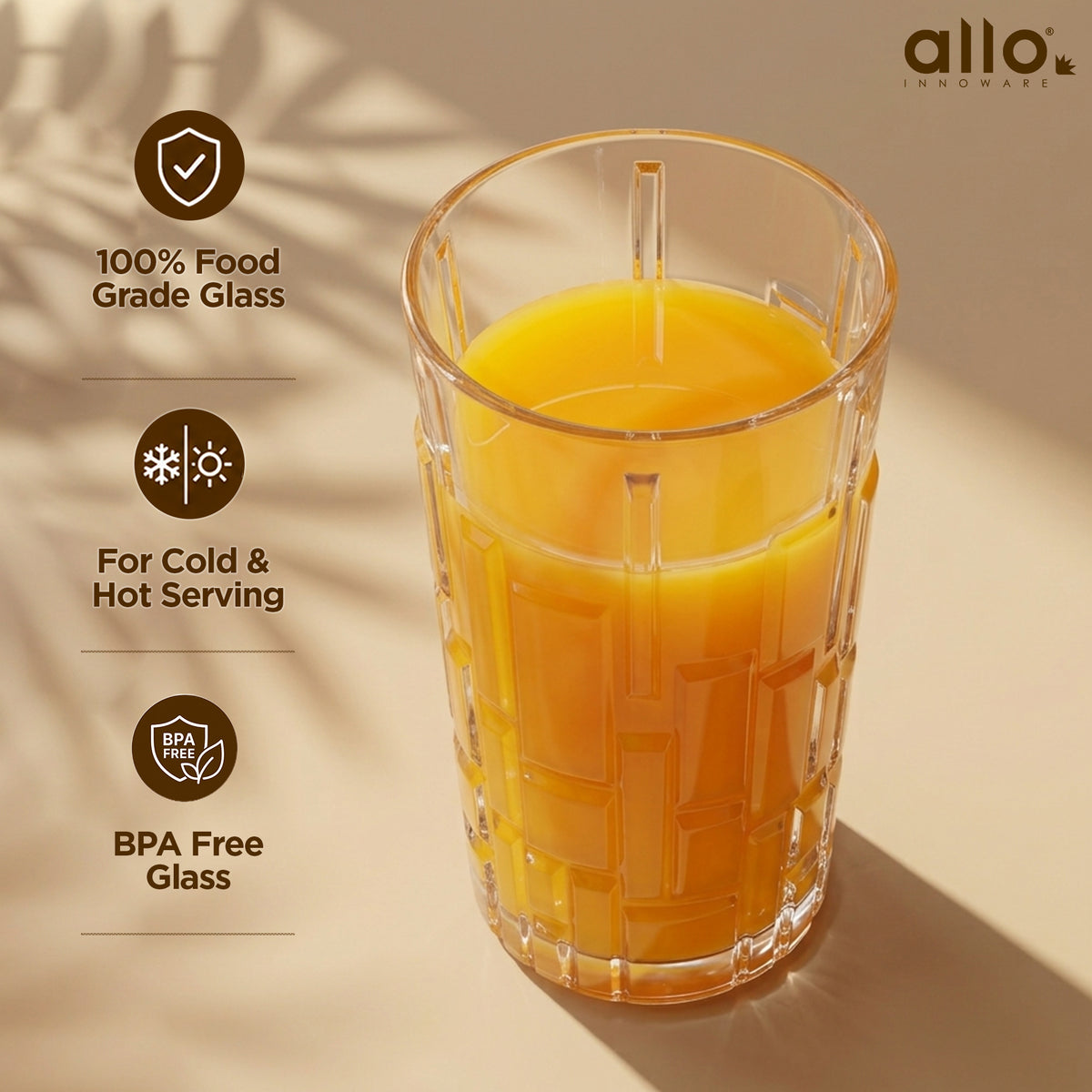 Allo Premium Glass Set Of 6, 280 ml, Latest Design Glasses For Water, Juice, Whisky, Cold Drink | Lead Free | Perfect For Home & Parties, Gift Set Packaging | Transparent Textured Block Glass