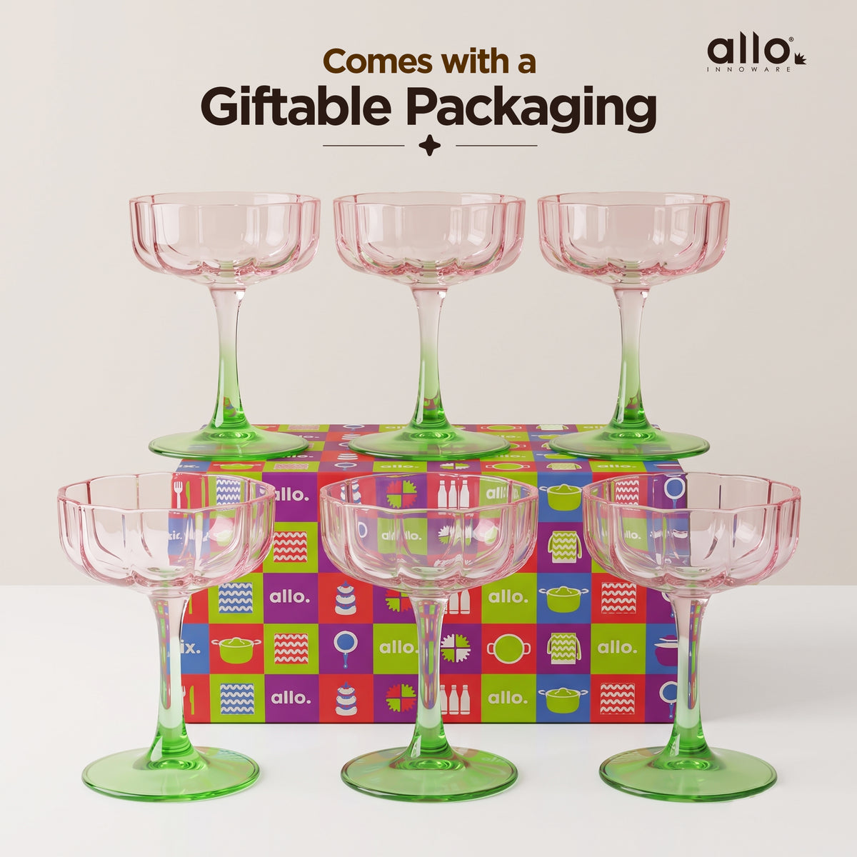 Allo Glass Ice Cream Bowl Set Of 6, 225 ml, Dessert Glasses For Icecream, Pudding, Candy, Snacks, Dates, Dry Fruit | Cups For Gifting And Serving, Gift Set Packaging | Floral Pink and Green Glass Bowl