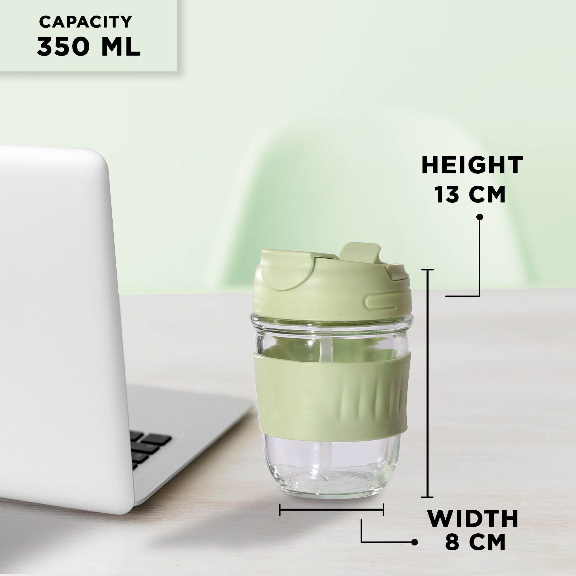 Allo Reusable Glass Mug Sipper Tumbler with Straw, Unique 2 in 1 Anti Spill Lid | Microwave Safe Leakproof Glass with Anti-Slip Grip for Hot & Cold Coffee|| Car, Office, Travel use | 350ml (Green)