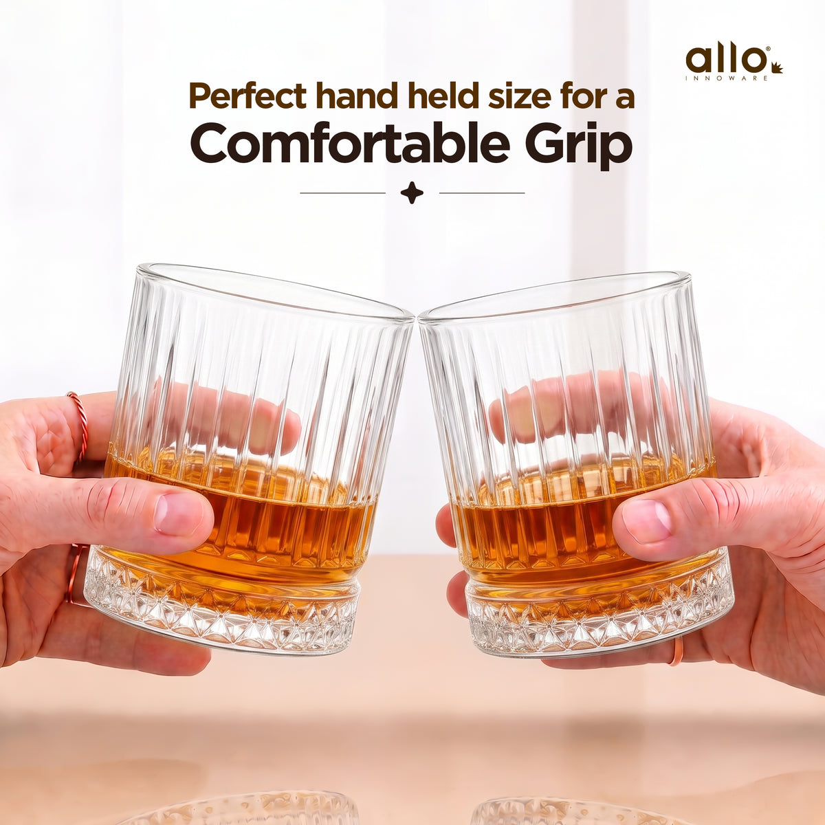 Allo Glass Set Of 6 Premium Whisky Glasses, 335 ml, For Drinking Water, Wine, Cocktail, Mocktail, Martini, Liquor, Alcohol, Scotch, Bourbon | Gift Set Packaging | Transparent Vertical Diamond Glass