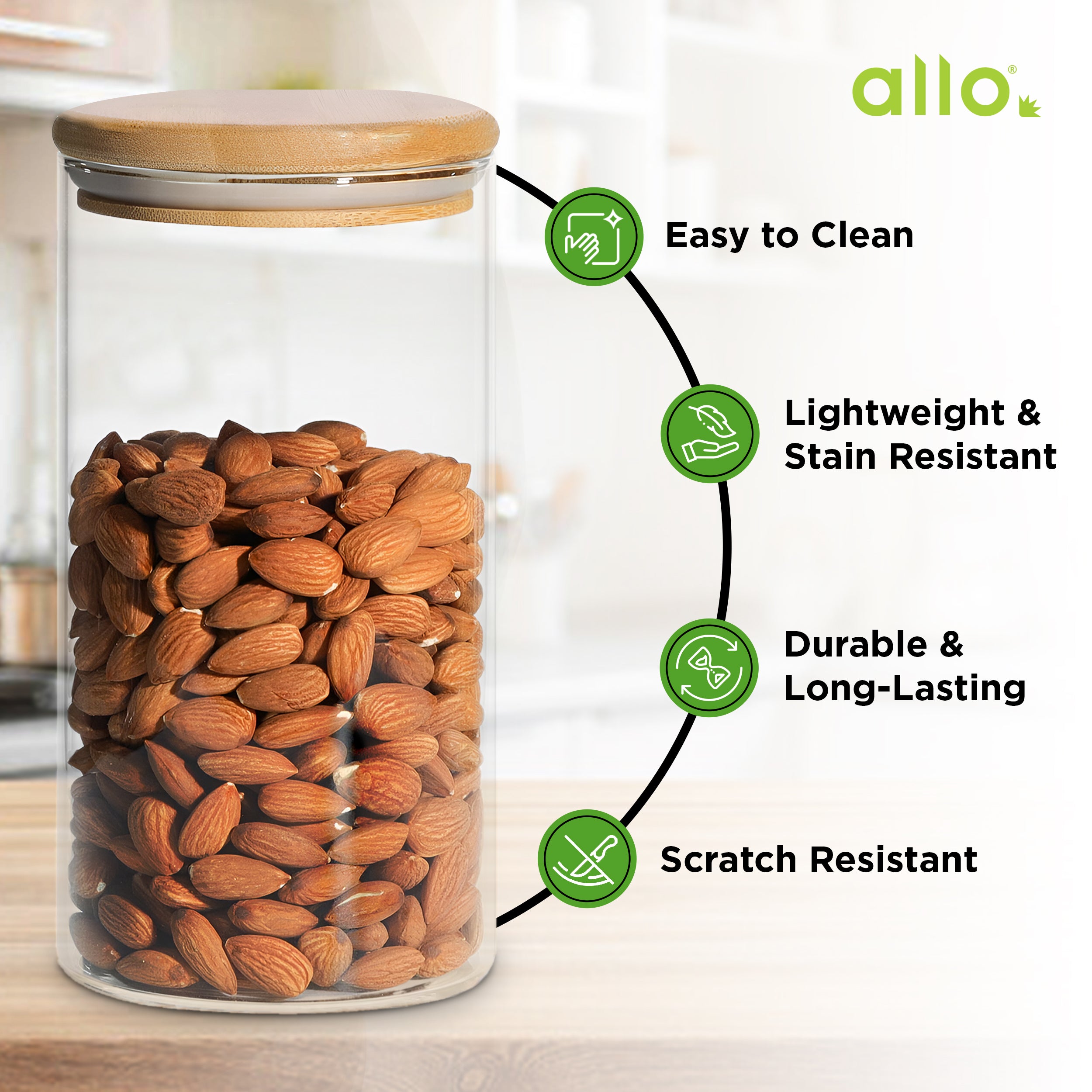 Allo 600ML Kitchen Storage Box Glass Jars With Wooden Lids - Borosilicate Glass Food Storage Containers Airtight Glass Jar for Tea, Coffee, Spice, Pulses, Masala (Round Glass Jar - Set of 3)