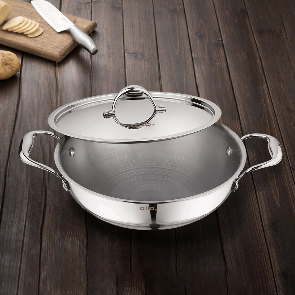 1.5L Allo CookSafe TriPly Kadhai | Stainless Steel | With Stainless Steel Lid | Induction Friendly | Naturally Non-stick | 20cm