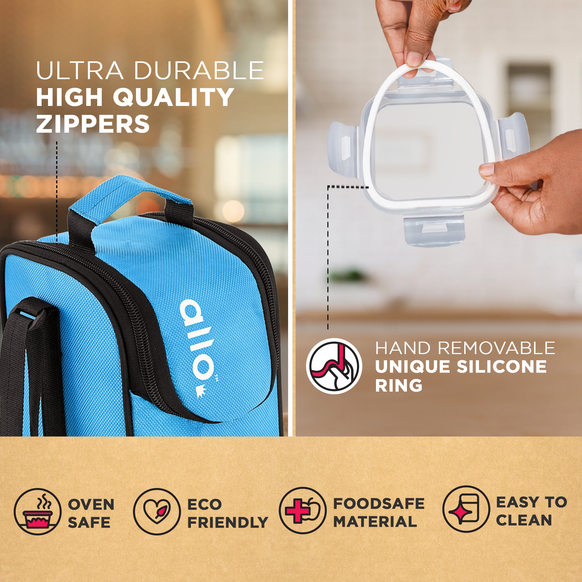 Allo Food Safe Glass Lunch Box, 450°C Microwave Safe Lunch Box, Borosilicate Glass Tiffin for office with Sky blue Tiffin Bag, Set of 3, 320ml x 3, square