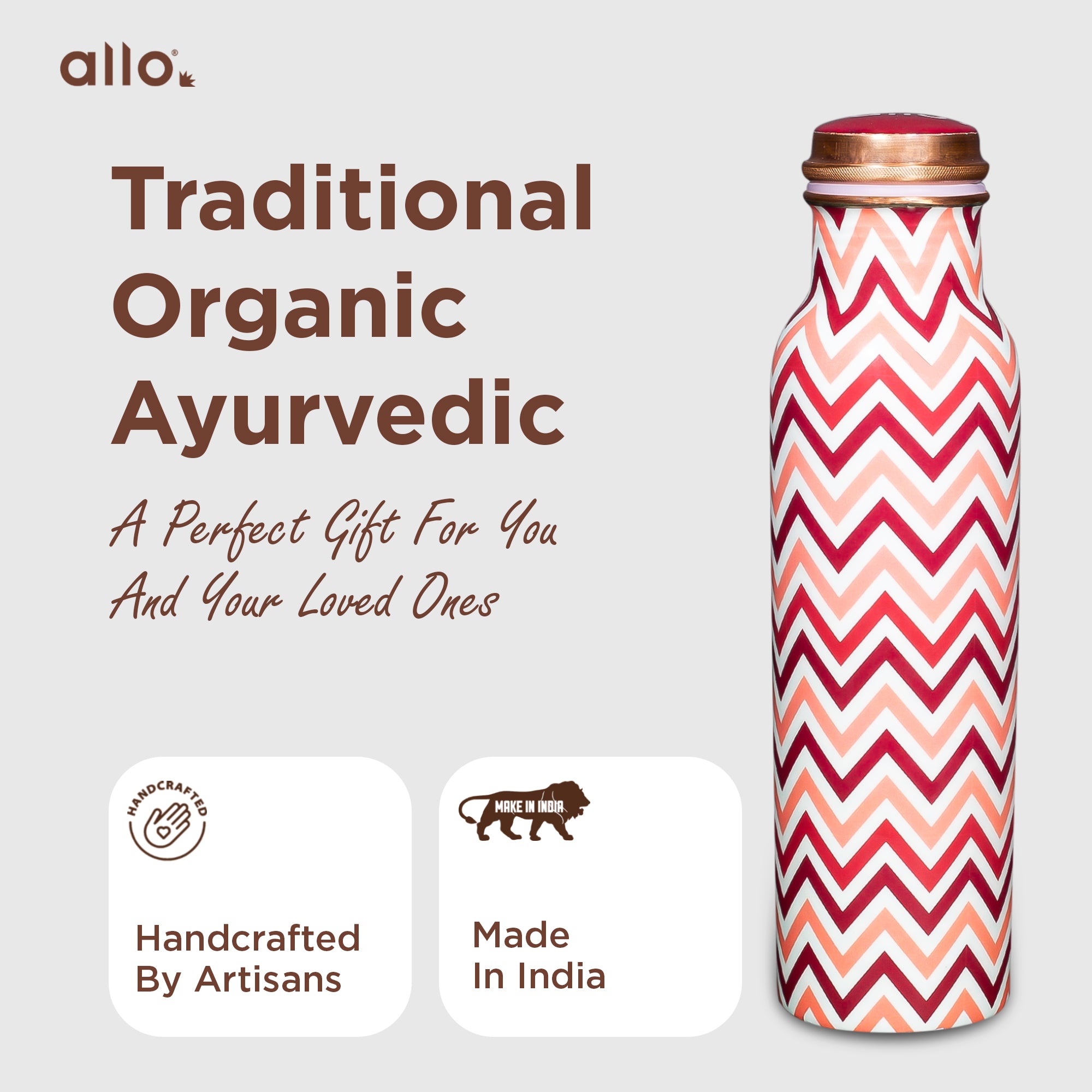 Allo Pure Copper Water Bottle 1 Litre Copper Bottle | Alkaline and Anti Oxidant | 100% Leak Proof, Office, Gym Bottle, Modern Tamba Bottle for Adults, Best Gift for Diwali (Chevron Red & Pink)