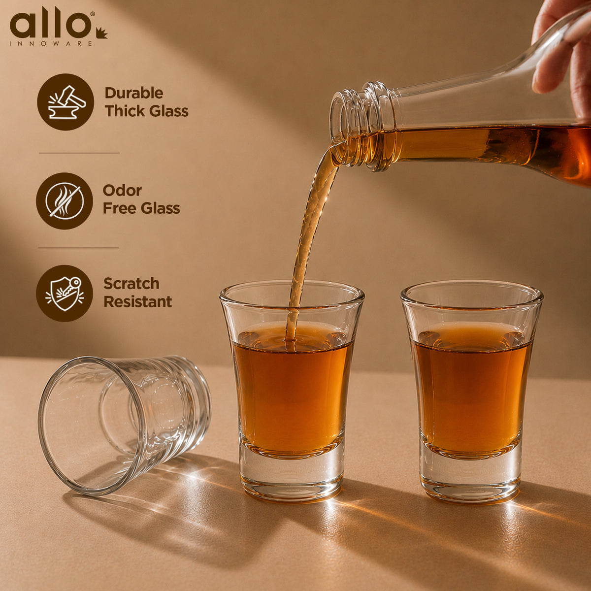 Allo Shot Glasses Set Of 6, 40 ml, Small Glass For Vodka, Tequila, Liquor, Wine, Party, Bar | Gift Set Packaging | Transparent | Classic Curved Edge Shot Glass