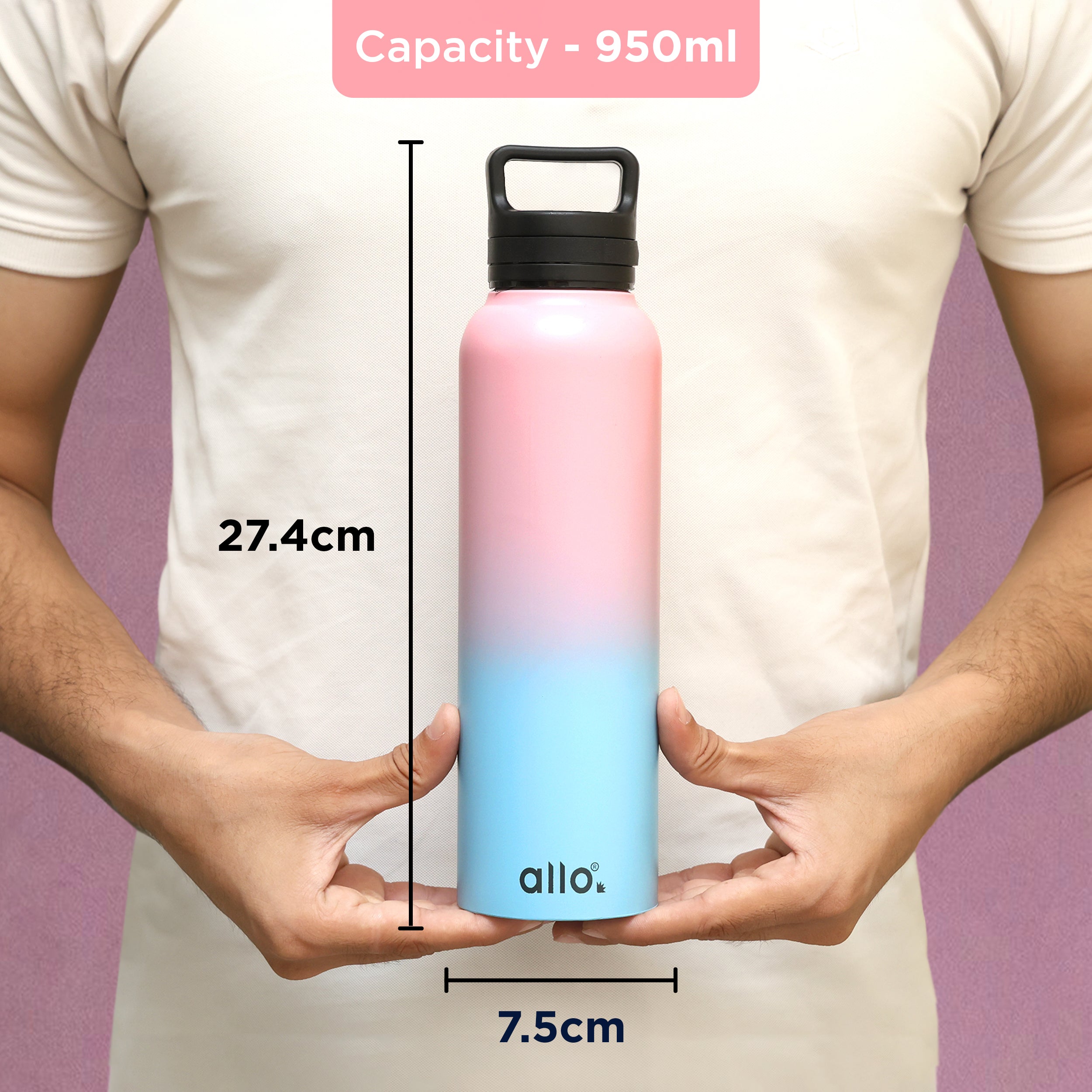 Allo Steel Water Bottles Stainless Steel Sipper Water Bottle for adults, kids 0.95 Litre Water Bottles for School, Office, Sports, Gym 950ML Water Bottle for Men and women, Pink & Baby Blue 950ml