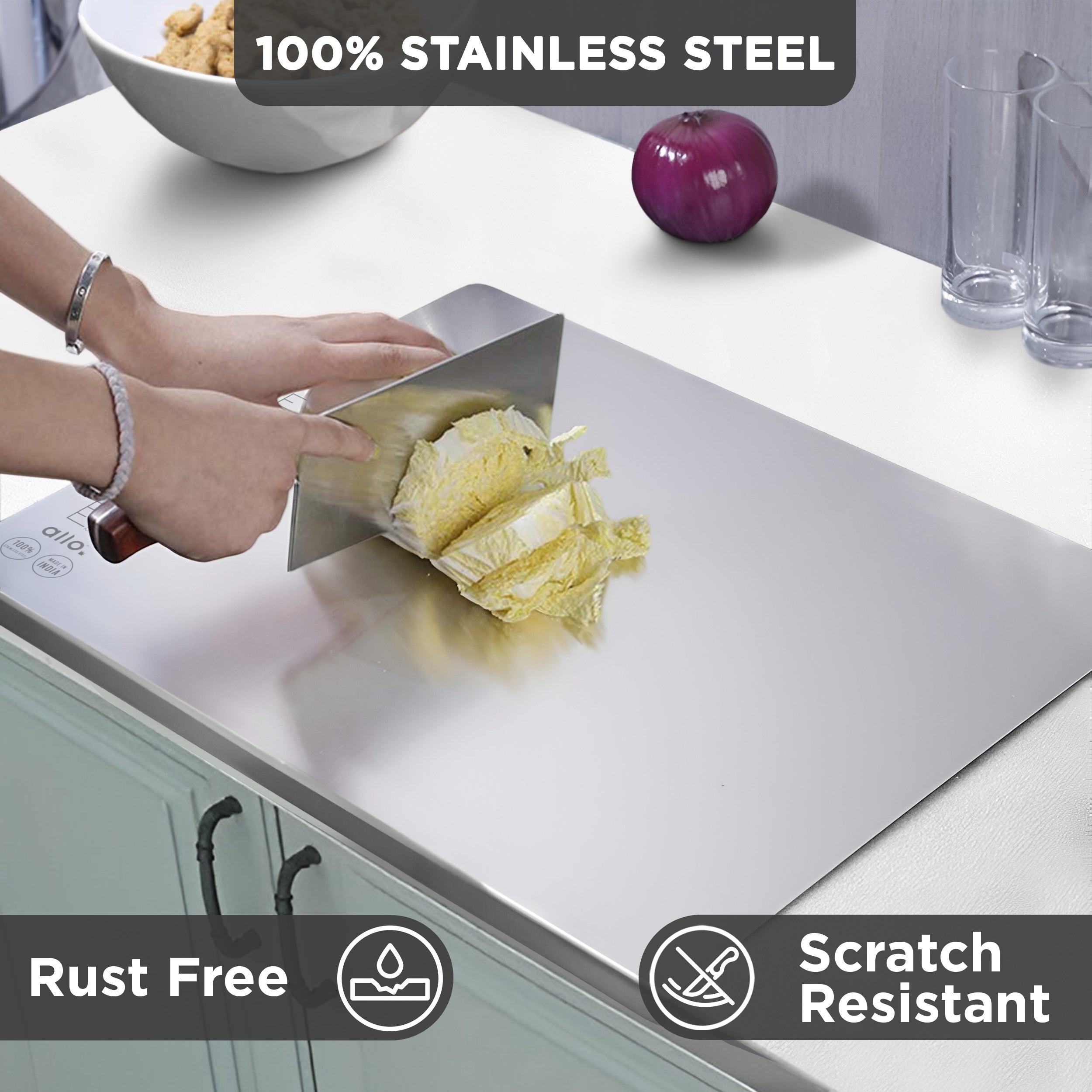 Allo Premium Stainless Steel Chopping Board Countertop (40 x 32 cm) – Large Heavy-Duty Metal Cutting Board for Kitchen, Knife Friendly | Vegetable & Fruit Cutter Pad