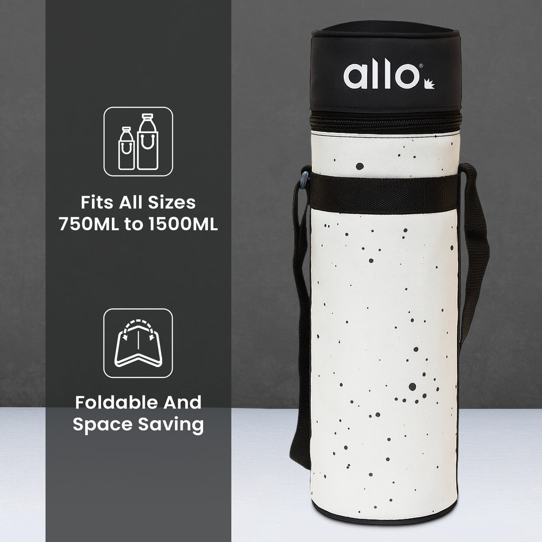Allo Polyester Thermal Insulated 1L Bottle Cover – Water-Proof Modern Carrier Sleeve with Adjustable Shoulder Handle & Zipper Closure for Travel, Hiking, Office & School, Splash White