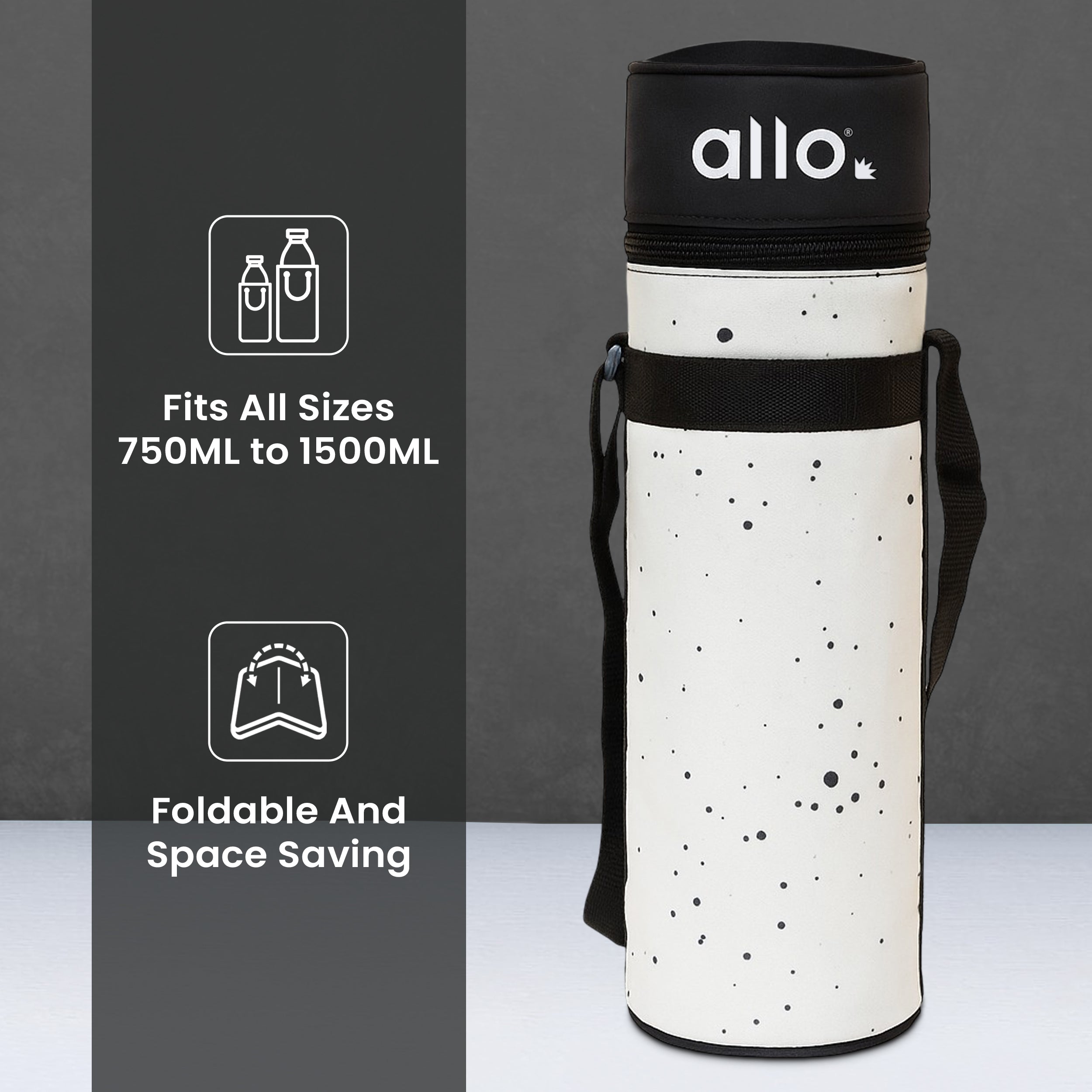 Allo Polyester Thermal Insulated 1L Bottle Cover – Water-Proof Modern Carrier Sleeve with Adjustable Shoulder Handle & Zipper Closure for Travel, Hiking, Office & School, Splash White