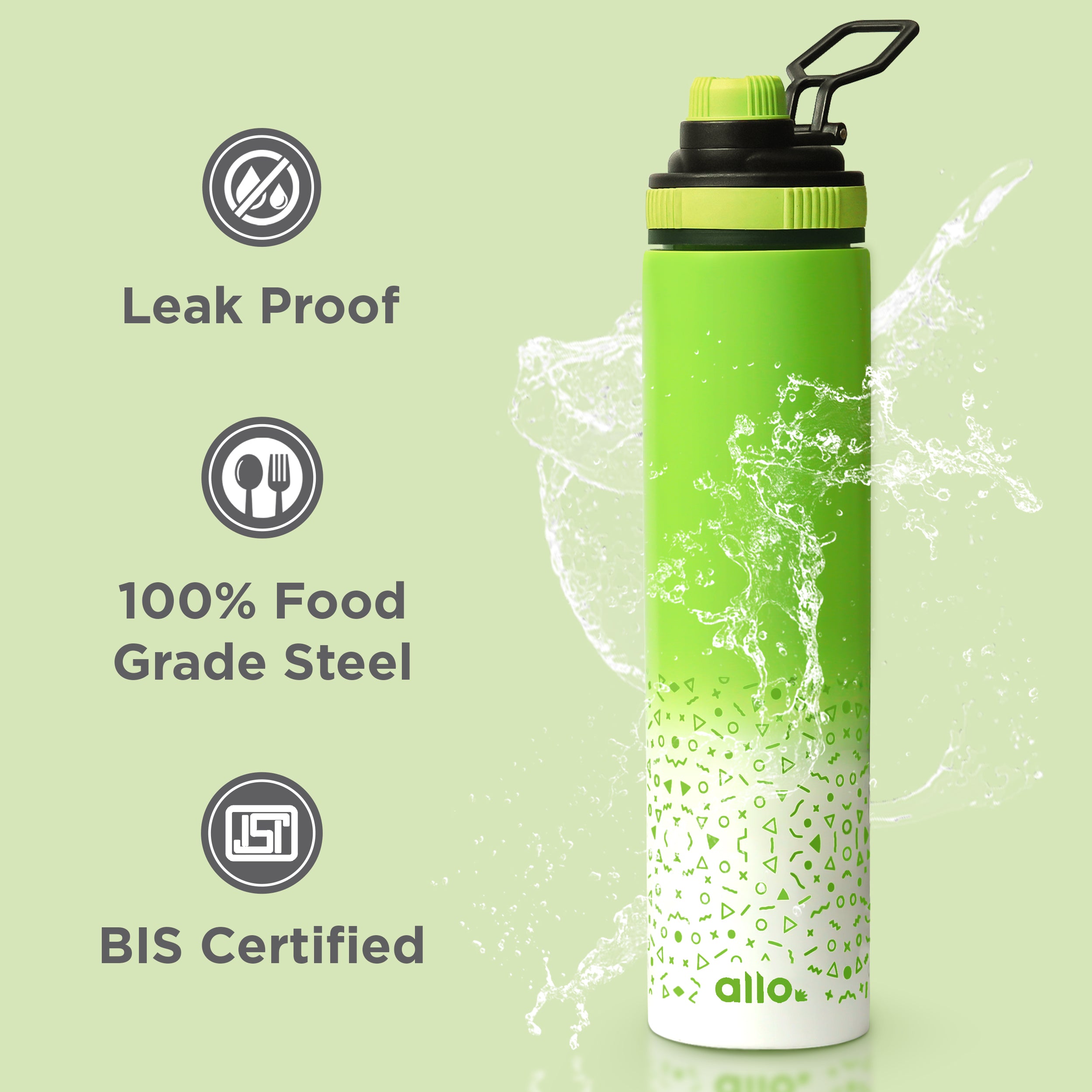Allo Stainless Steel Sipper Water Bottle for adults,kids 1 Litre Water Bottles for School,Office,Sports,Gym 1L Water Bottle for Men & women,Pack Of 5-Green Whitex1, Blue Whitex2 & Yellow Whitex2 850ml
