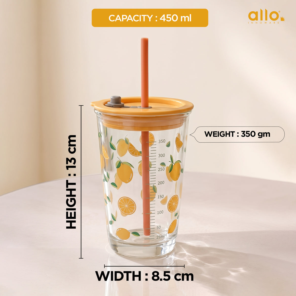 Allo Reusable Glass Mug Sipper Tumbler with Straw, Unique 2 in 1 ANTI Spill Lid | Microwave Safe Leakproof Glass with Anti-Slip Grip for Hot & Cold Coffee| Car, Office, Travel use | 450ml (Orange)