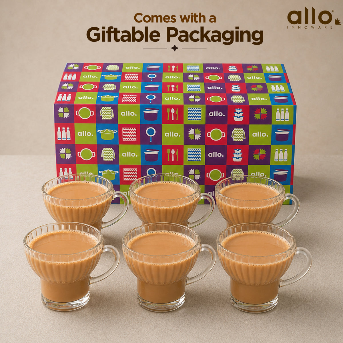 Allo Glass Tea Cups & Mugs, Set Of 6, 225 Ml, Cupset With Handle For Chai, Coffee, Green Tea, Latte | Elegant Home & Kitchen Glassware | Gift Set Packaging | Transparent Ribbed Tea Cup