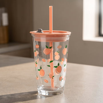 Allo Reusable Glass Mug Sipper Tumbler with Straw, Unique 2 in 1 ANTI Spill Lid | Microwave Safe Leakproof Glass with Anti-Slip Grip for Hot & Cold Coffee| Car, Office, Travel use | 450ml (Pink Peach)