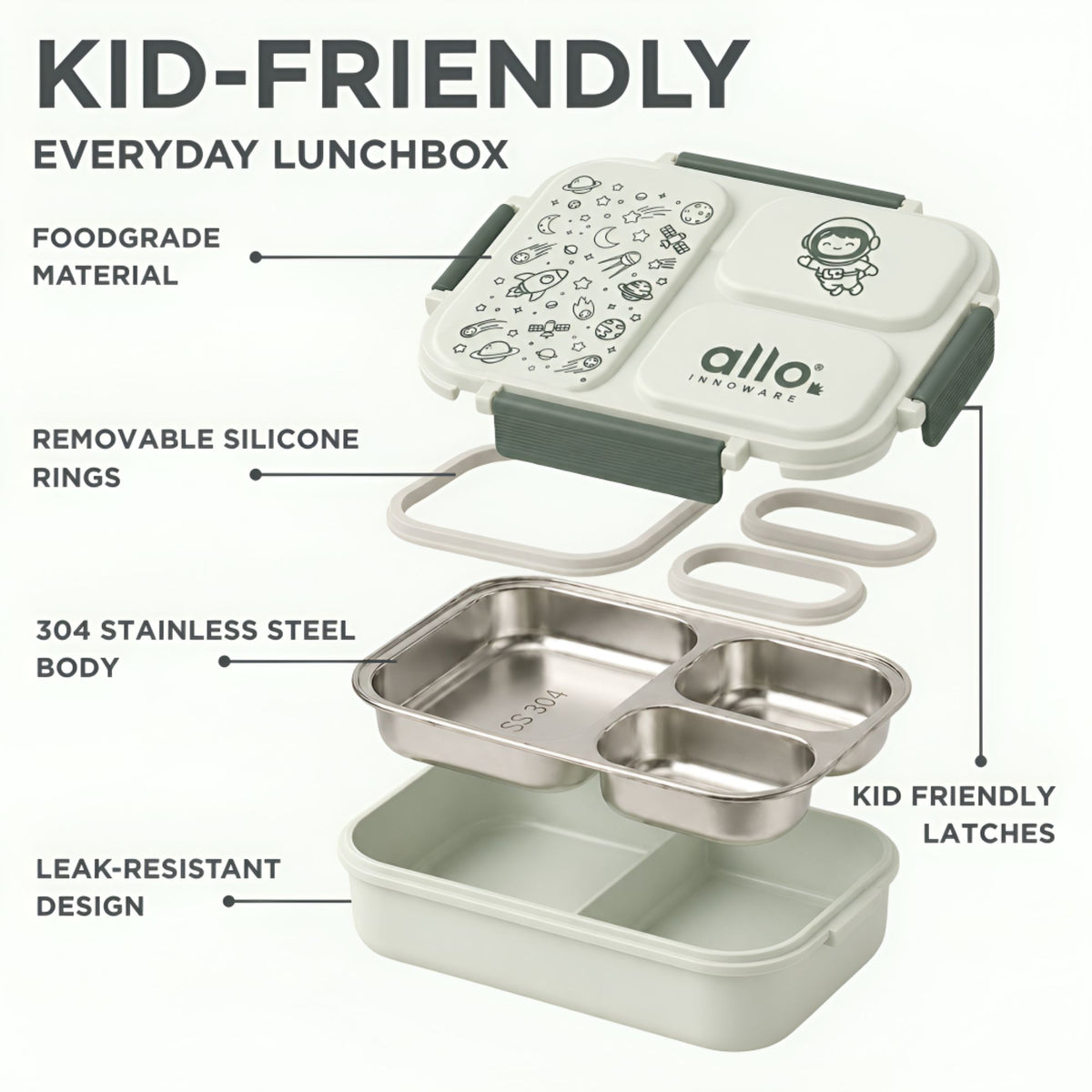 Allo Bento Stainless Steel Lunch Box for Kids- BIS Approved, 304 Stainless Steel 3 Compartment Leakproof Tiffin Box for Boys and Girls for School, Travelling, Baby Snacks, 740ml Green Space