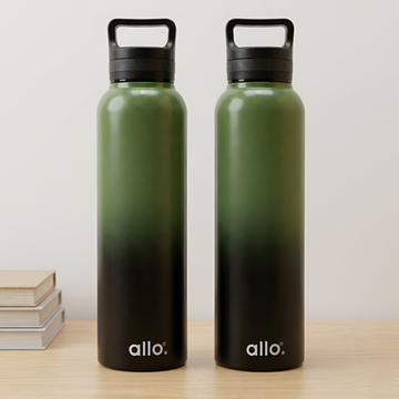 Allo Stainless Steel Water Bottle For Adults, Kids 1 Litre Water Bottles For School,Office,Sports,Gym 1L Water Bottle For Men & Women, Pack Of 2, Leak Proof, Bpa Free, Olive Green and Black Handle Cap