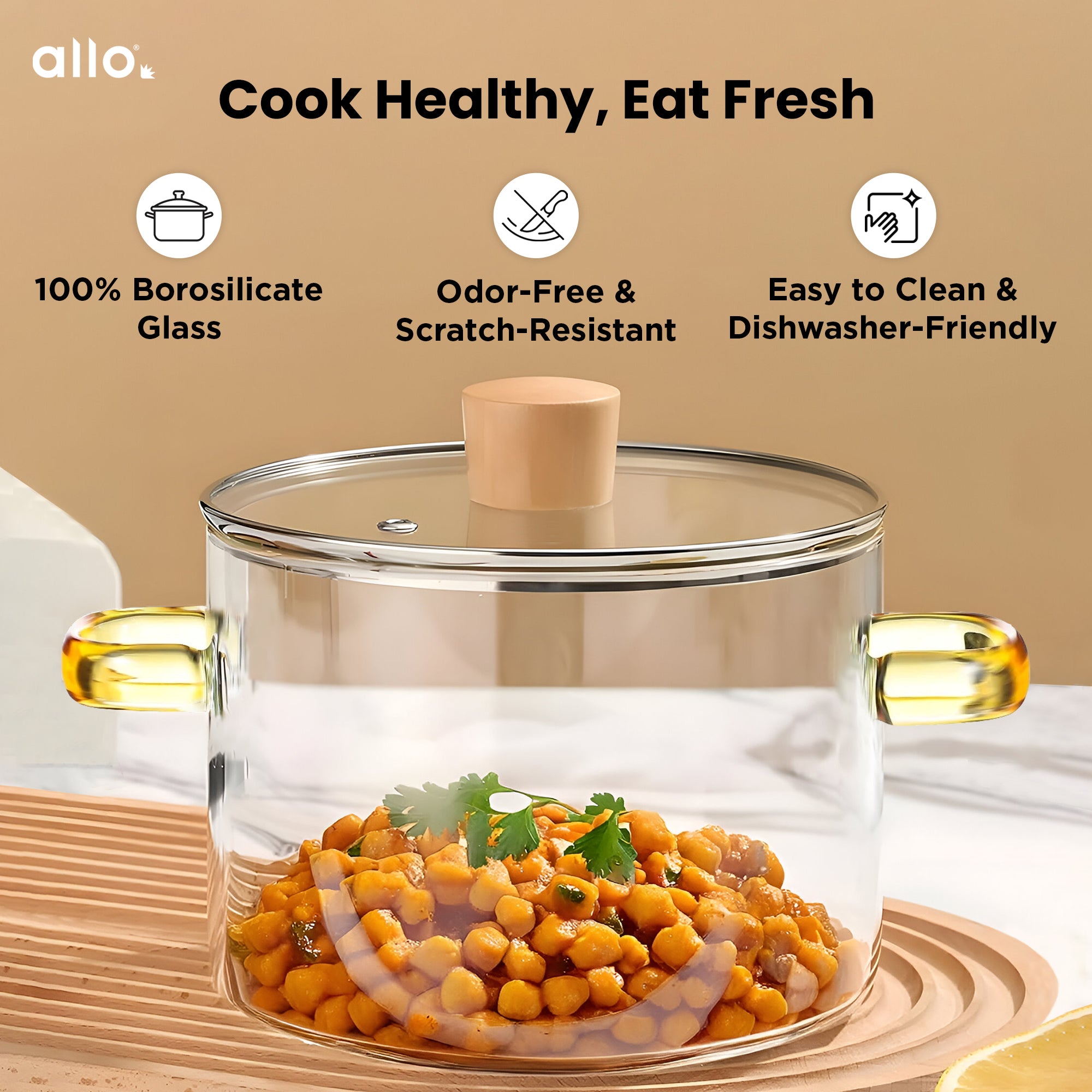 Allo Glass Cookware Cooking Pot With Glass Lid, 3000 Ml | Glass Casserole, Gas Stove Safe, Microwave Safe,100% Borosilicate Glass Vessel For Kitchen