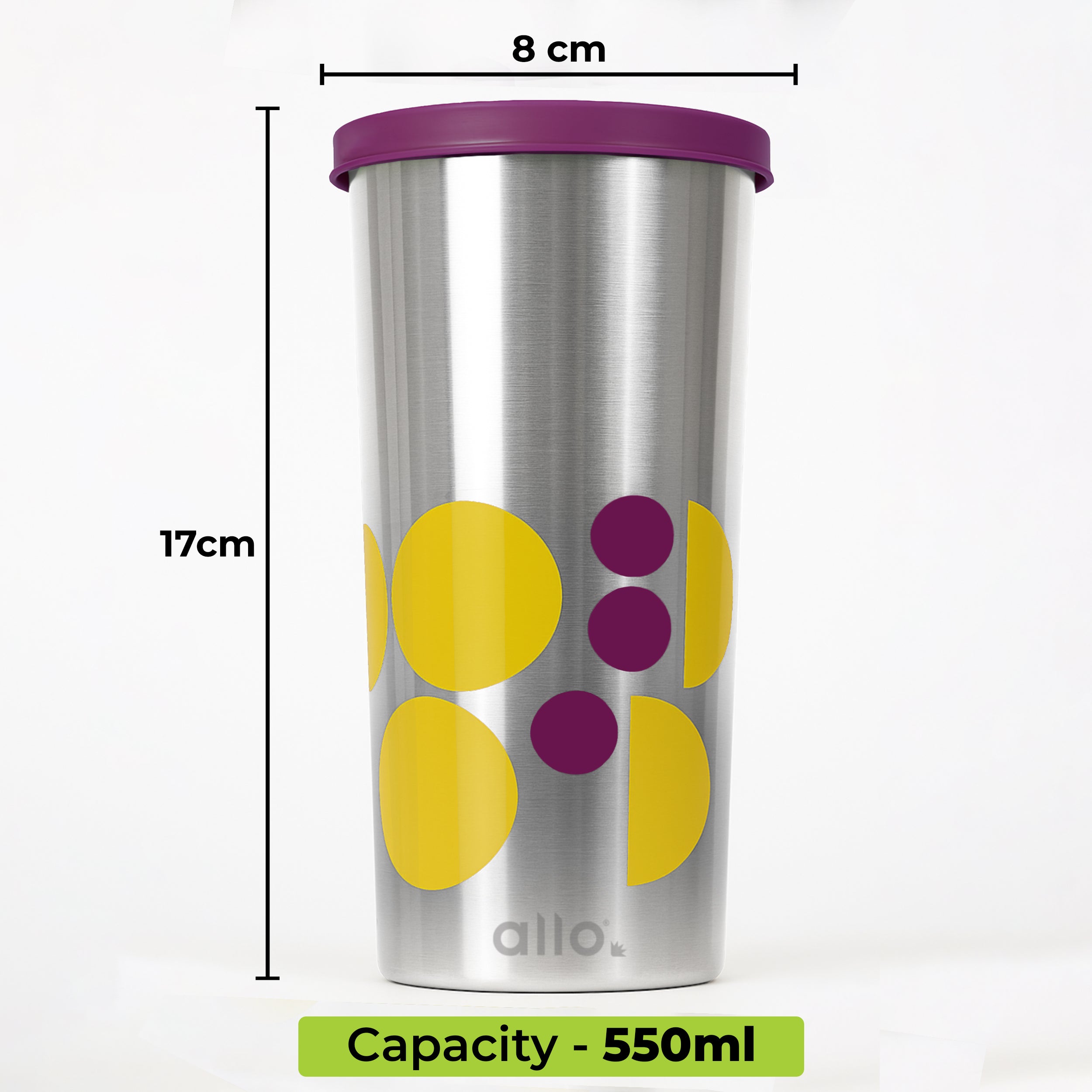 Allo Stainless Steel Tumbler with Lid, Leak Proof Water Tumbler for Home, Office, School, Travel, Kids Rust Proof, Multipurpose Storage Glass for Juice, Tea, Coffee, Milk, PURPLE (550Ml)