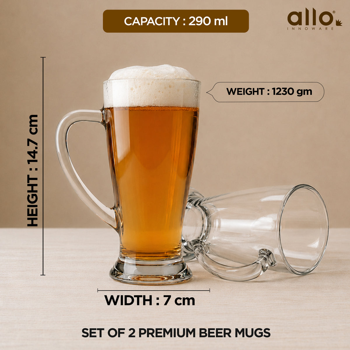 Allo Beer Mug And Drinking Glass Mugs, Set Of 2, 290 ml Each, Serves Beer, Juice, Mocktail, Alcohol, Cocktail, Drinking Glass With Handle | Gift Set Packaging | Transparent Pilsner Glass