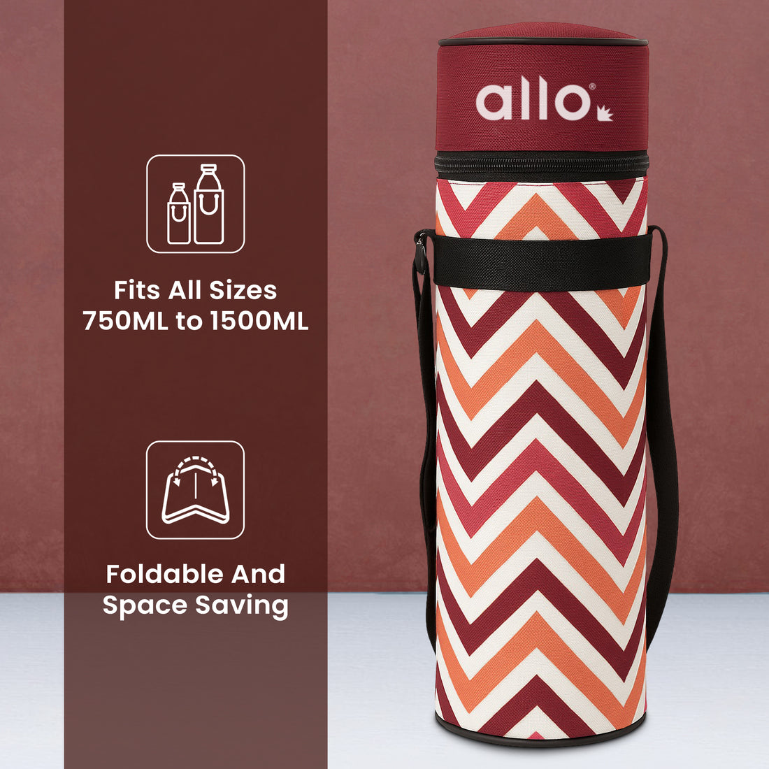 Allo Polyester Thermal Insulated 1L Bottle Cover – Water-Proof Modern Carrier Sleeve with Adjustable Shoulder Handle & Zipper Closure for Travel, Hiking, Office & School, Red Chevron