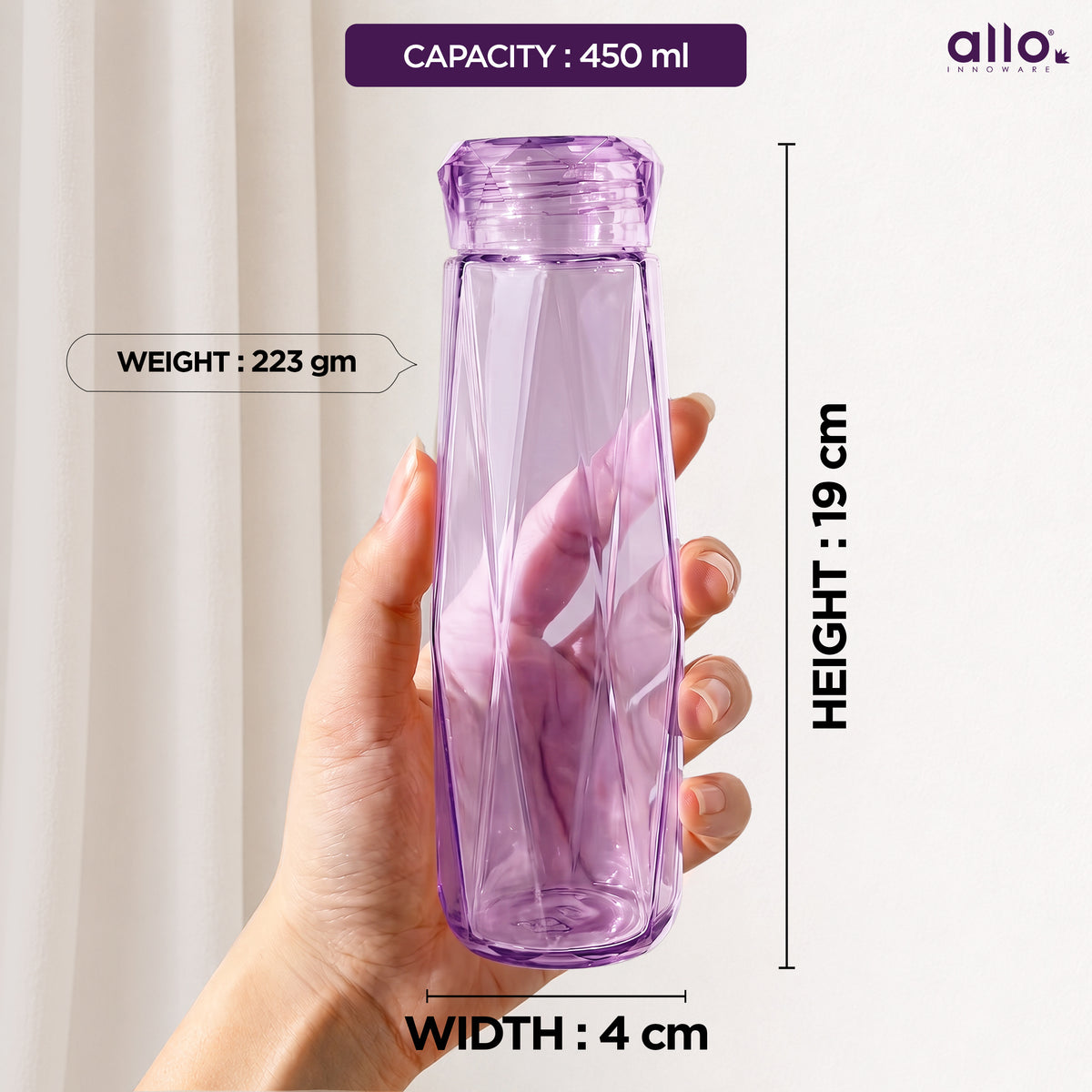 Allo Glass Water Bottle For Women & Men, 450 ml, Aesthetic H2O Bottles For Drinking Detox Water, Juice, Milk, Soda | 0.4 Ltr Bottle For Fridge, Storage, Home | Gift Set Packaging | Geometric Purple
