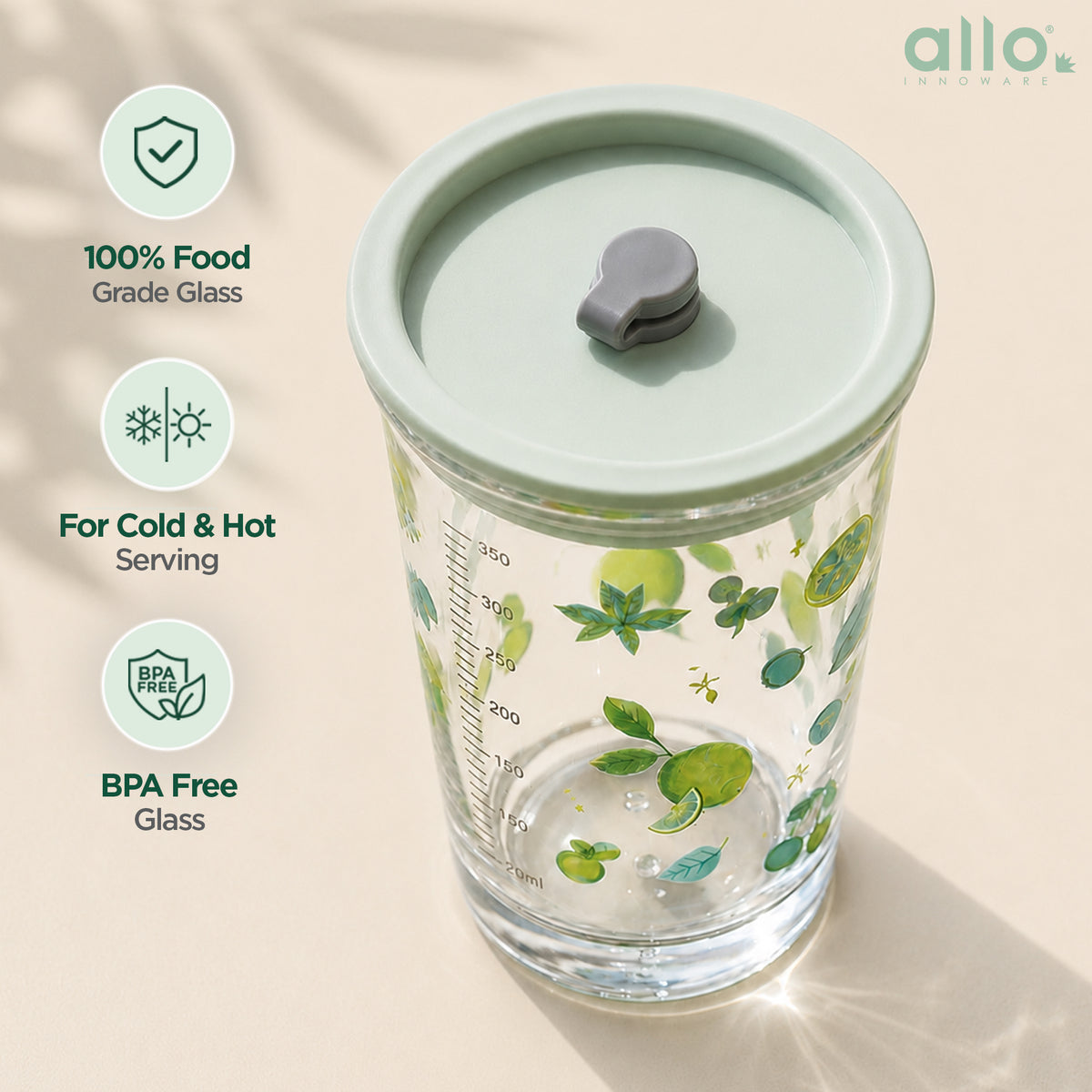 Allo Reusable Glass Mug Sipper Tumbler with Straw, Unique 2 in 1 ANTI Spill Lid | Microwave Safe Leakproof Glass with Anti-Slip Grip for Hot & Cold Coffee| Car, Office, Travel use | 450ml (Green Pear)
