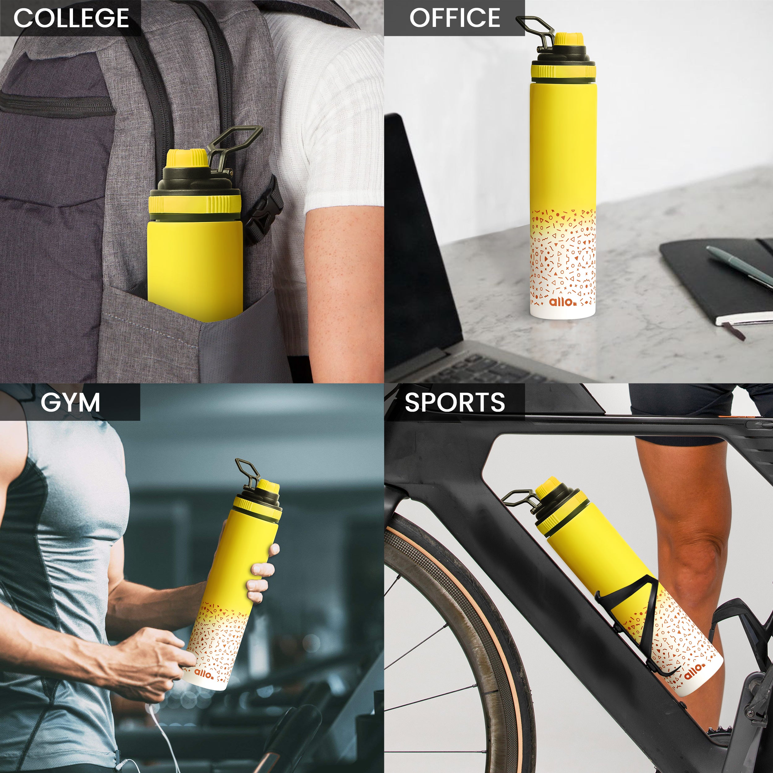 Allo Stainless Steel Sipper Water Bottle for adults,kids 1 Litre Water Bottles for School, Office,Sports, Gym 1L Water Bottle for Men & women, Pack Of 2, Blue White & Yellow White 850ml