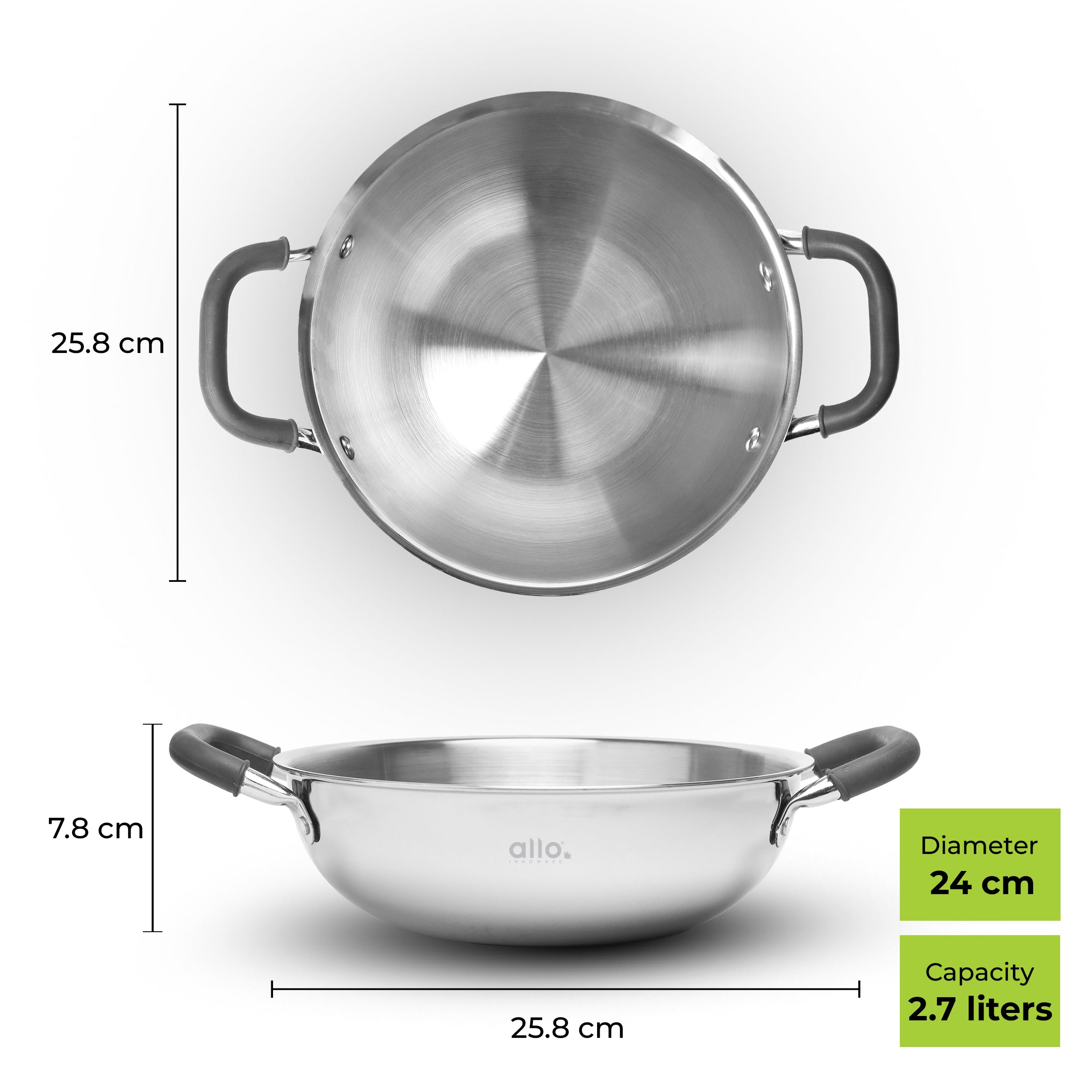 Allo Triply Stainless Steel Kadhai with Handles|Perfect Kadhai for Curry/Stir-Fry/Deep-Fry/DryVeg/Sauté Induction Friendly Naturally Non-Stick  | 10 Years Warranty, 24cm, 2.7 litres Without lid