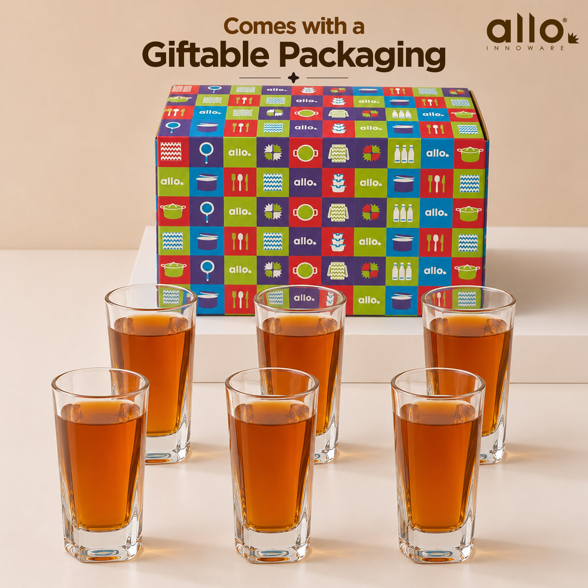 Allo Shot Glasses Set Of 6, 70 ml, Small Glass For Vodka, Tequila, Liquor, Wine, Party, Bar | Gift Set Packaging | Transparent | Square Base Shot Glass