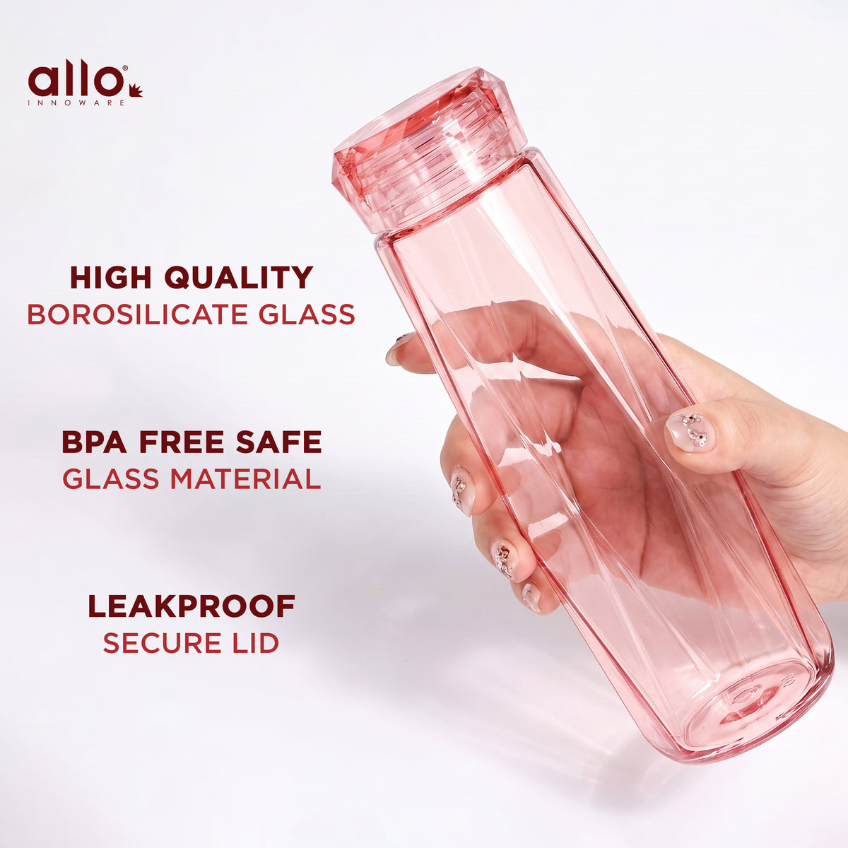Allo Glass Water Bottle For Women & Men, 450 ml, Aesthetic H2O Bottles For Drinking Detox Water, Juice, Milk, Soda | 0.4 Ltr Bottle For Fridge, Storage, Home | Gift Set Packaging | Geometric Pink