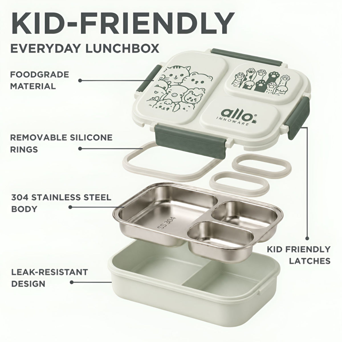 Allo Bento Stainless Steel Lunch Box for Kids- BIS Approved, 304 Stainless Steel 3 Compartment Leakproof Tiffin Box for Boys and Girls for School, Travelling, Baby Snacks, 740ml Green Cats