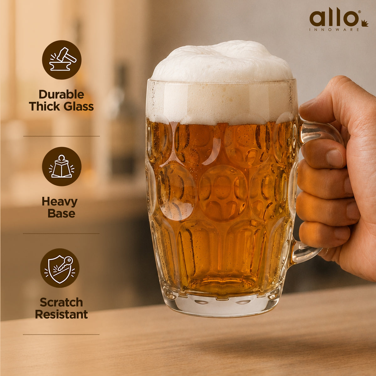 Allo Beer Mug And Drinking Glass Mugs, Set Of 2, 600 ml Each, Serves Beer, Juice, Mocktail, Alcohol, Cocktail, Drinking Glass With Handle | Gift Set Packaging | Transparent Bubble Glass